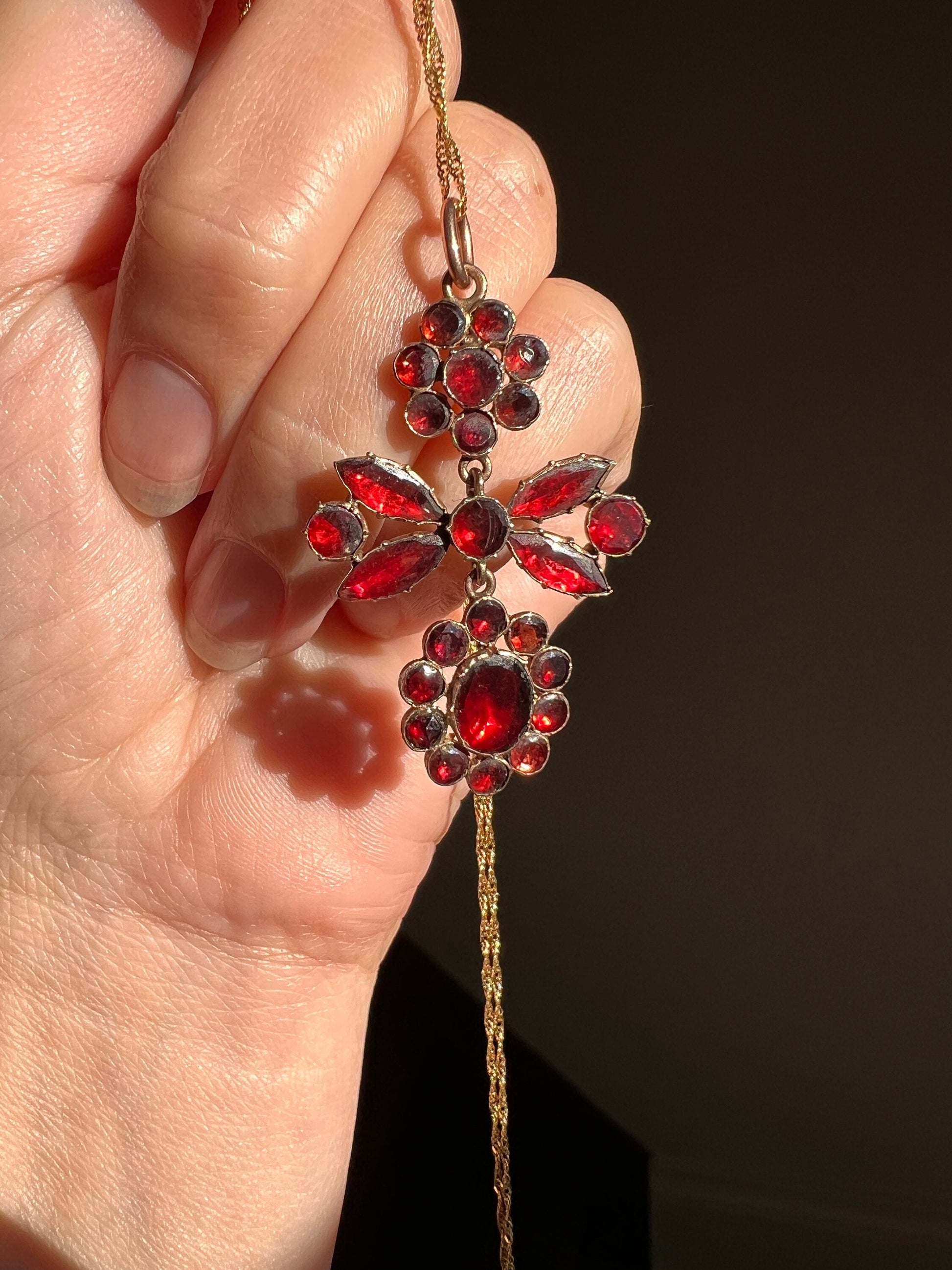 FLORAL Georgian Era Foiled Flat Cut GARNET Pendant 9k Rose Gold on 14k Later Yellow Gold Chain Glowing Red Necklace Romantic Gift Victorian