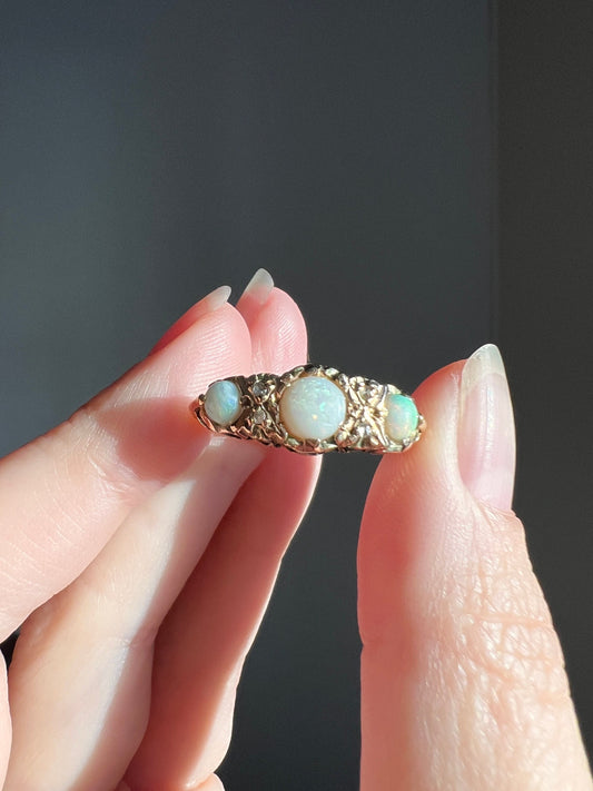 OPAL Antique EDWARDIAN Trilogy Ring Wide Band 18k Gold Rose Cut DIAMOND Spacer Tall Ornate Stacker Romantic Gift Chunky Iridescent Blue 1905