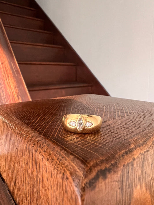 Marquise Transitional Cut DIAMOND Teardrop Pear 1/2 Carat Three Stone Gypsy Ring 18k Gold Wide Band Art Deco Vintage - Antique Geometric .5c