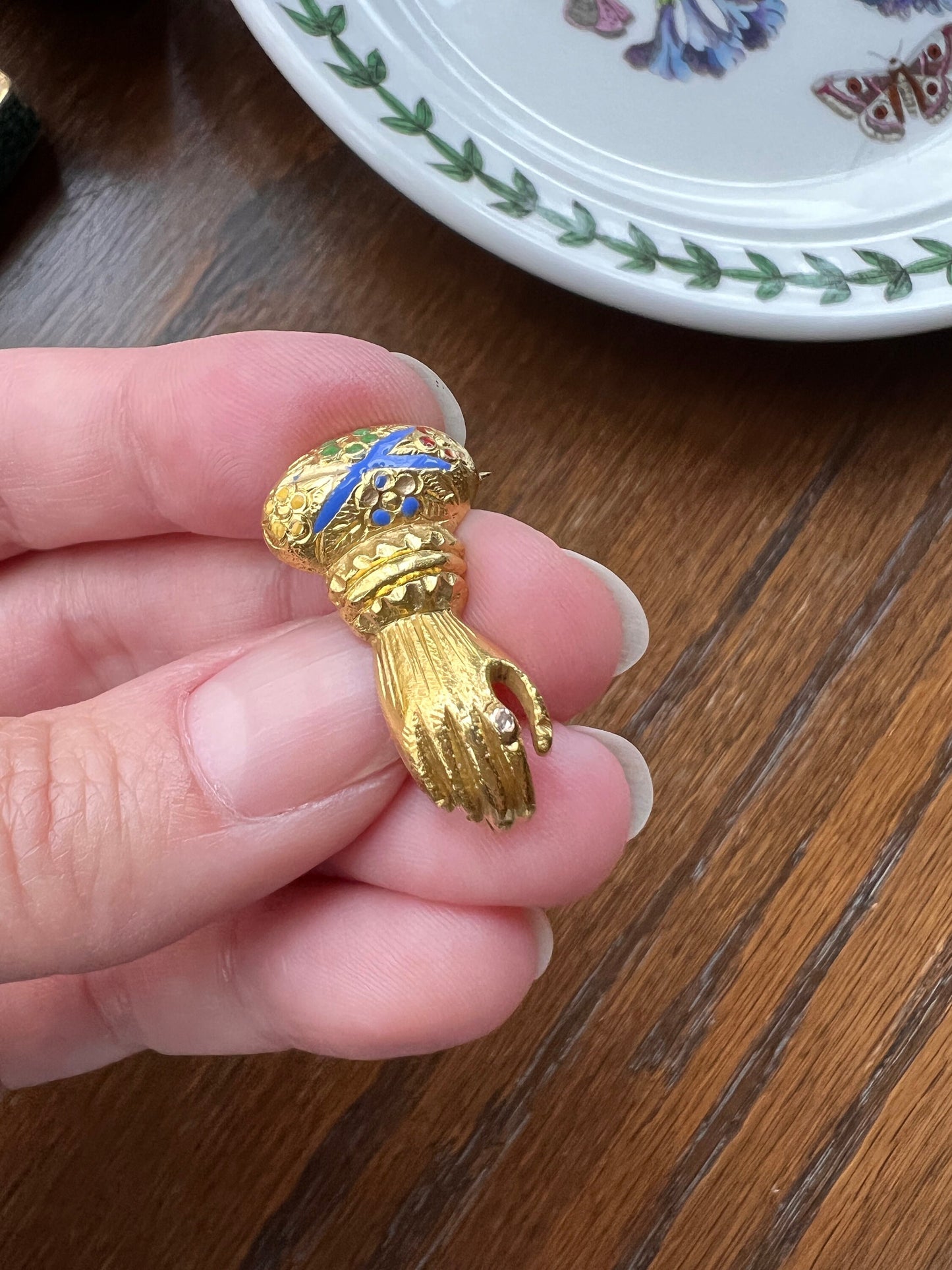 Heavy HAND Victorian Pin PENDANT 6g 14k Gold Blue Enamel Pocket Watch Pendant Holder Hook Figural Floral Cuff Romantic Gift w/ Diamond Ring