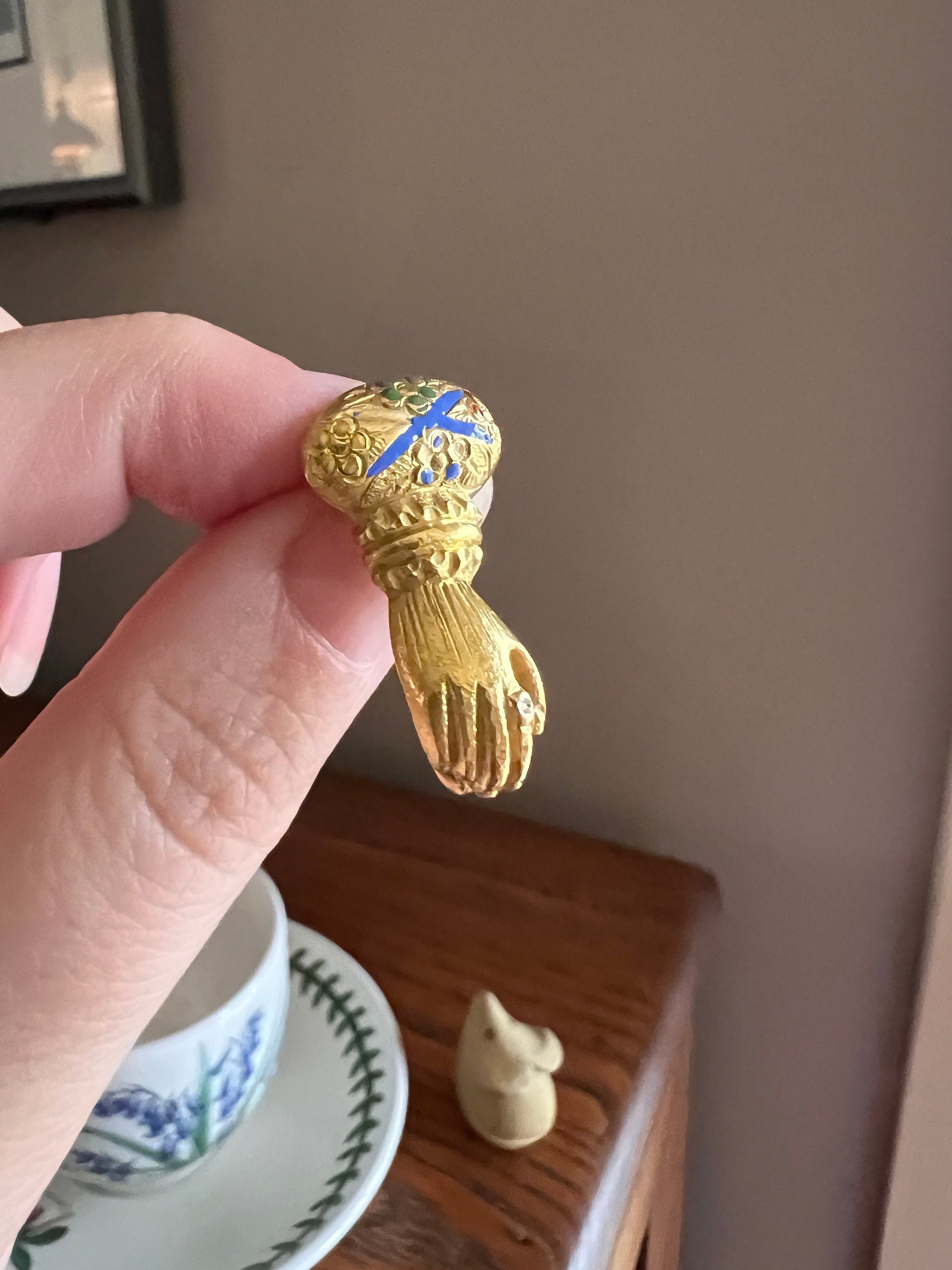 Heavy HAND Victorian Pin PENDANT 6g 14k Gold Blue Enamel Pocket Watch Pendant Holder Hook Figural Floral Cuff Romantic Gift w/ Diamond Ring