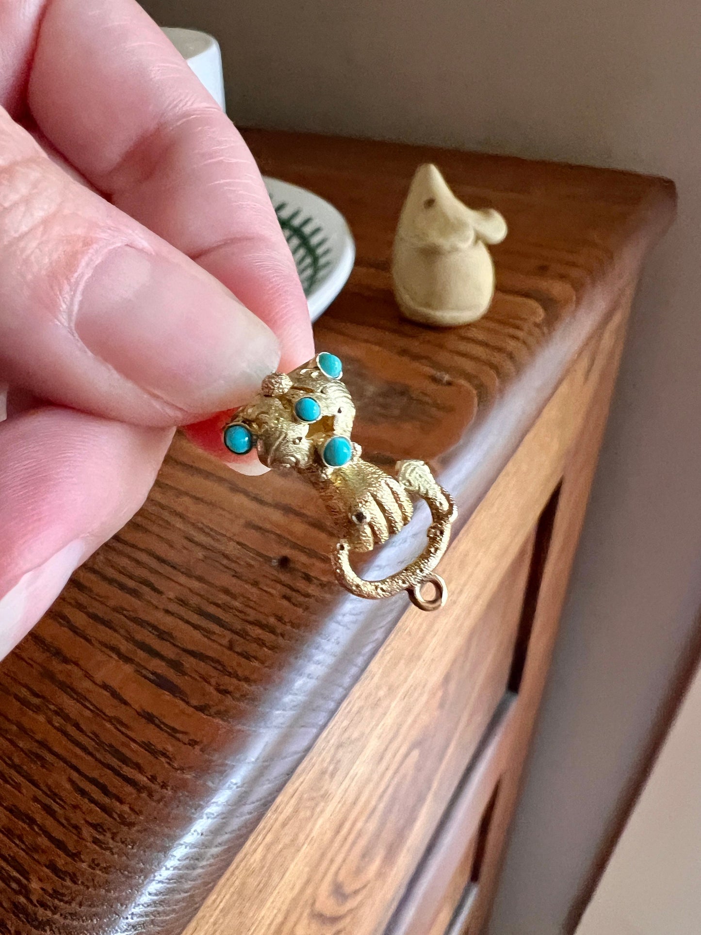 HAND Holding SNAKE Gemset CLASP Victorian Pendant 14k Gold Figural Floral Cuff Wearing Diamond Ring Turquoise Bead Romantic Gift 3D Detail