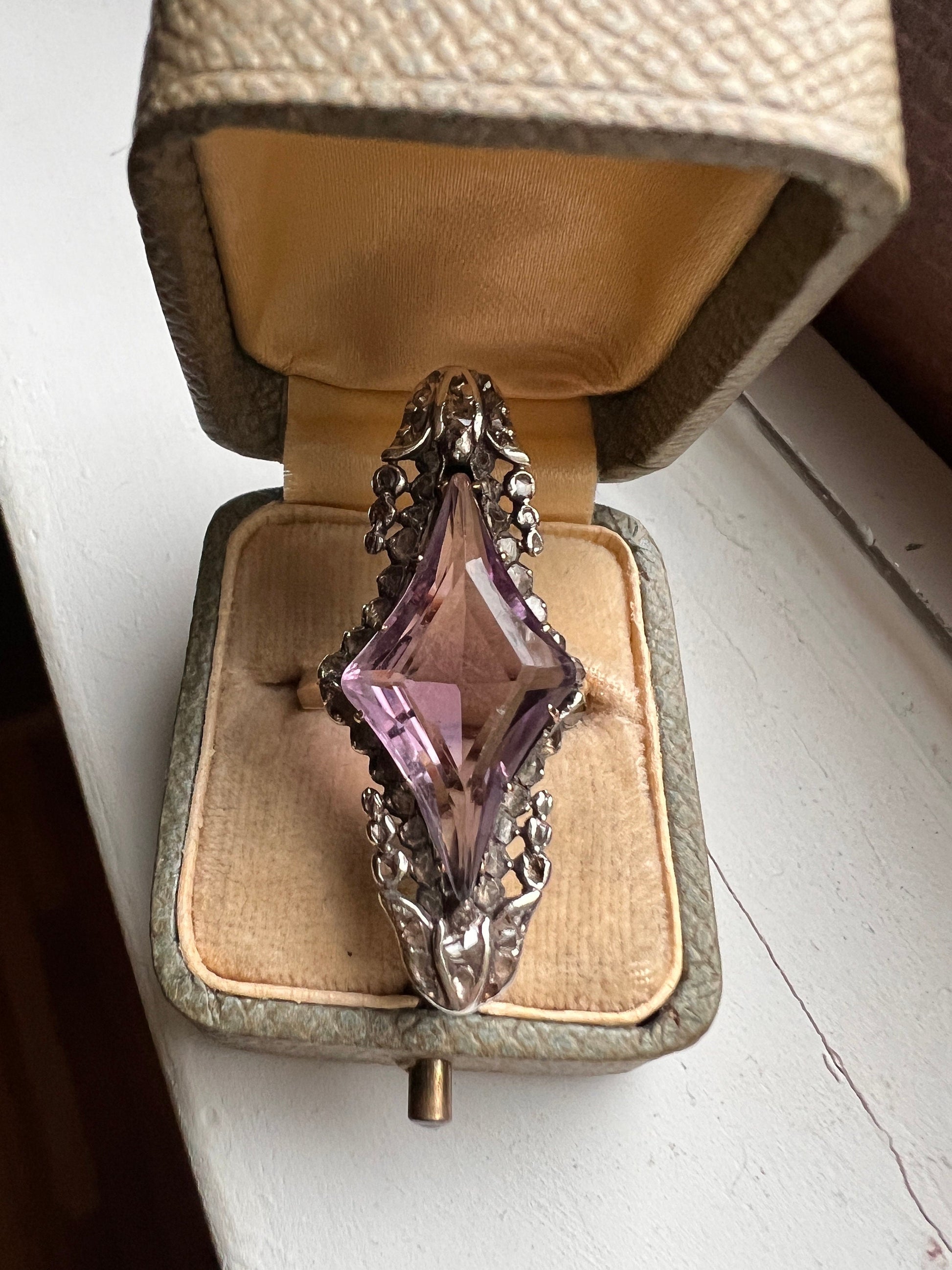 One of a Kind LARGE Flared Cut AMETHYST 62 Rose Cut DIAMONDS French Antique Ring Tulip Floral Garland 18k Rose Gold Silver Victorian Rare