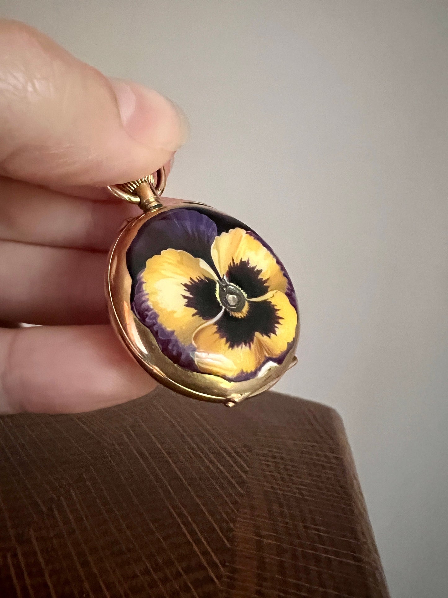 PANSY Victorian Purple ENAMEL Rose Cut DIAMOND Antique 14k Gold Chatelaine Pocket Watch Case Pendant Chatelaine Locket Floral Romantic Gift