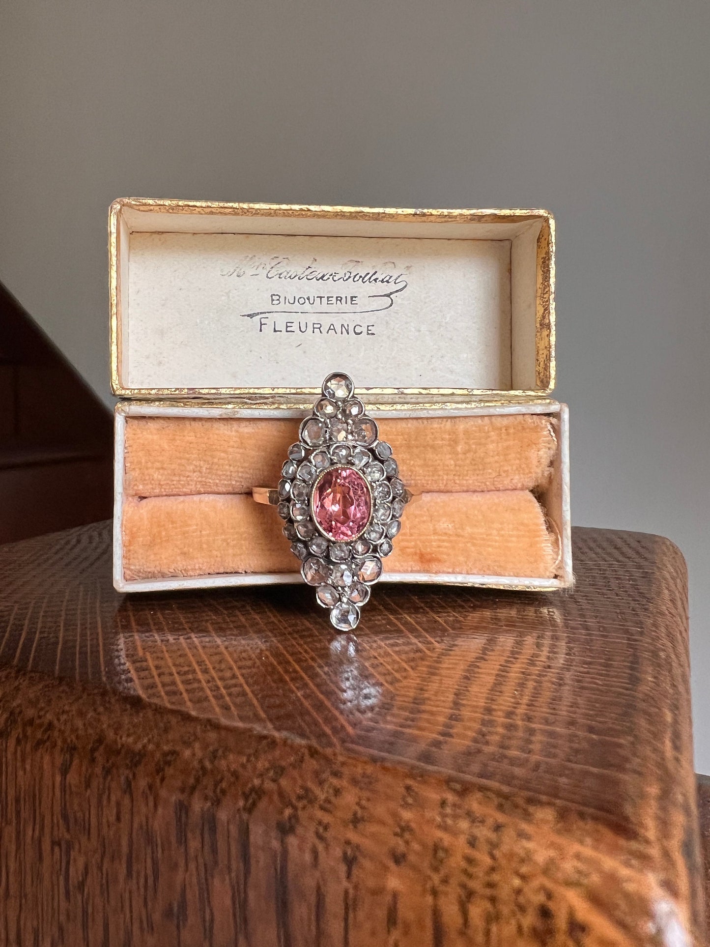 Pink TOURMALINE 2 Carats Rose Cut DIAMONDS XL Antique Navette Ring 14k Gold Platinum Tiered Halo Cluster Gift Belle Epoque Cobblestone c1900