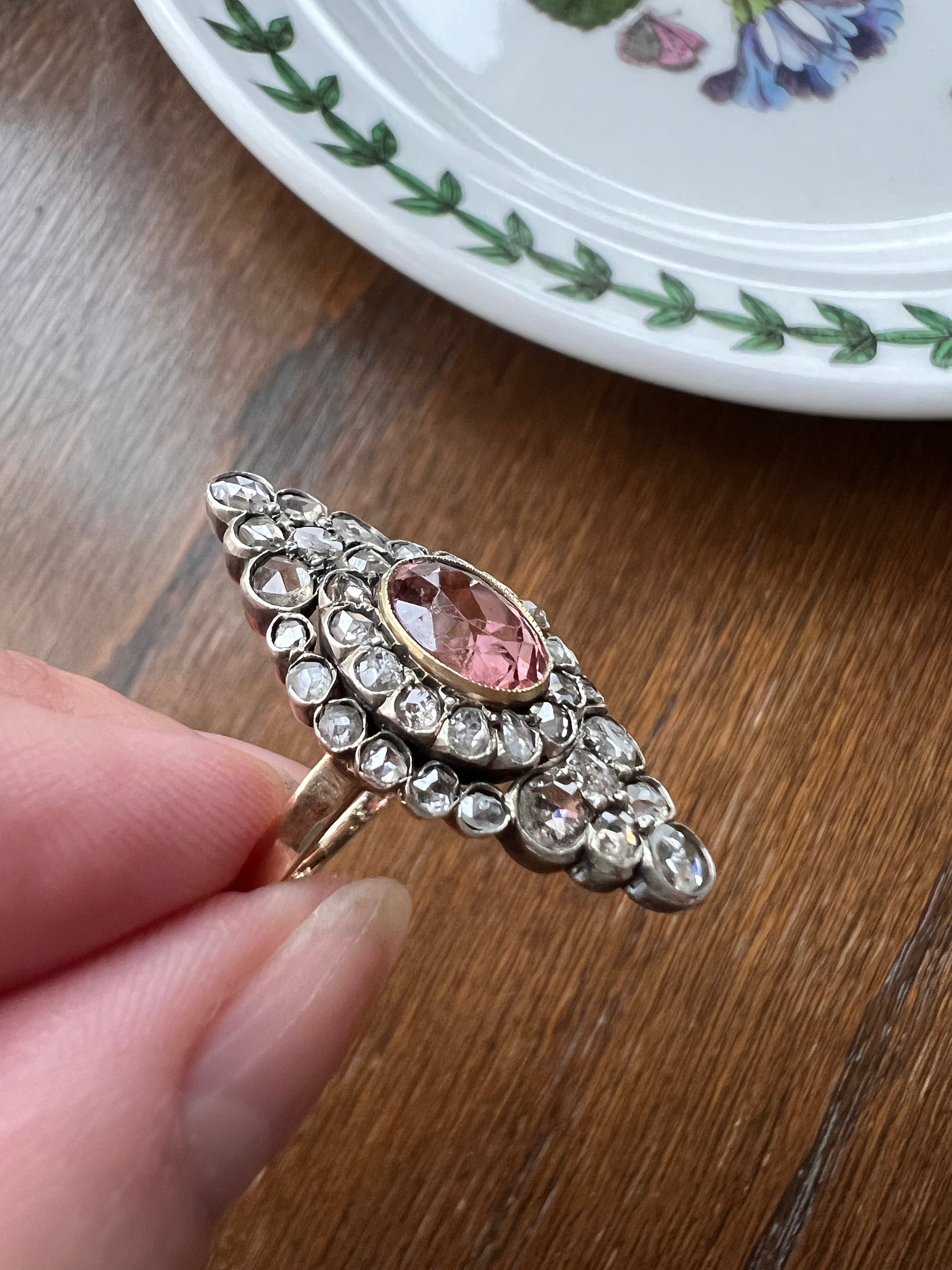 Pink TOURMALINE 2 Carats Rose Cut DIAMONDS XL Antique Navette Ring 14k Gold Platinum Tiered Halo Cluster Gift Belle Epoque Cobblestone c1900