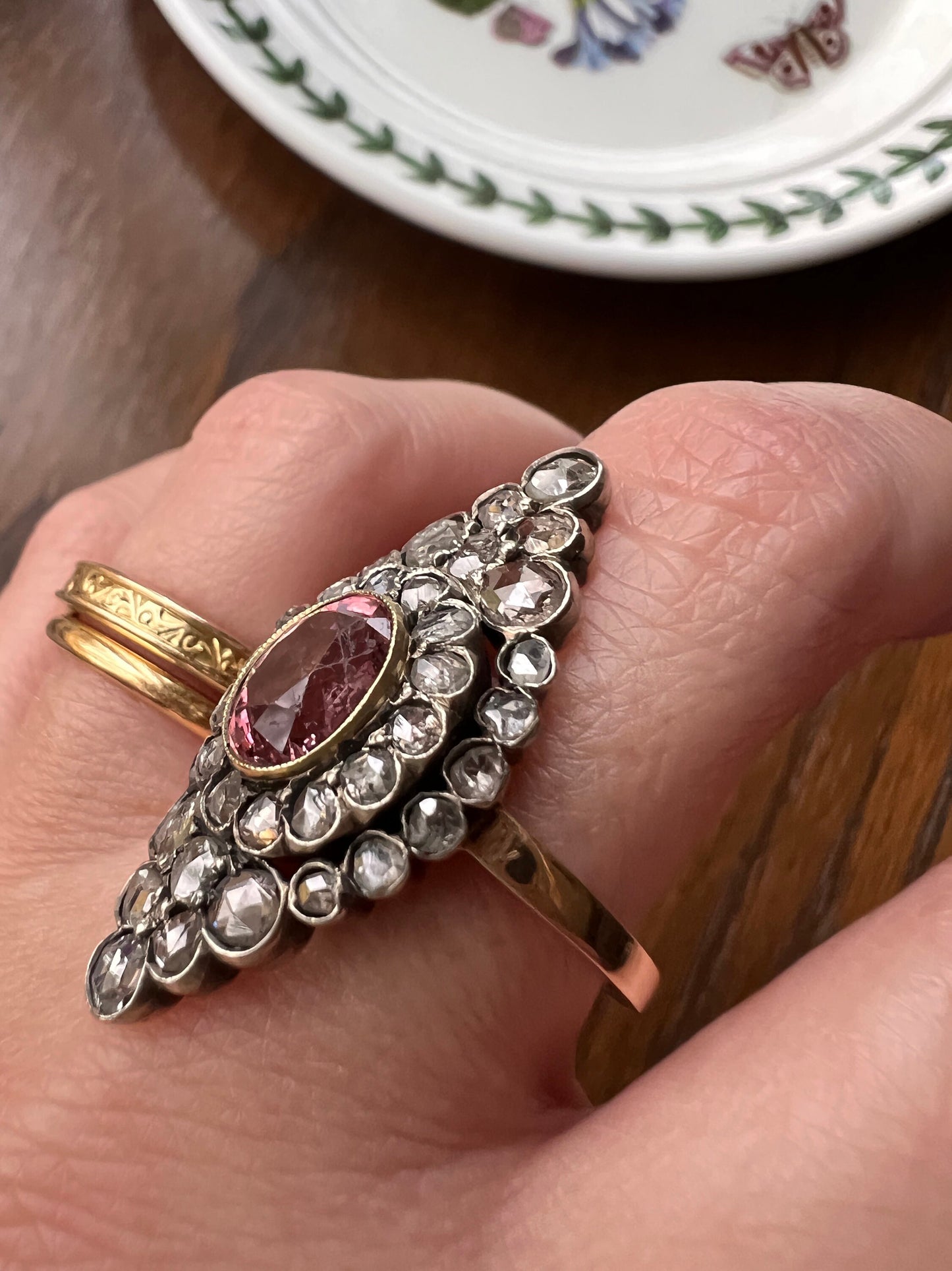 Pink TOURMALINE 2 Carats Rose Cut DIAMONDS XL Antique Navette Ring 14k Gold Platinum Tiered Halo Cluster Gift Belle Epoque Cobblestone c1900