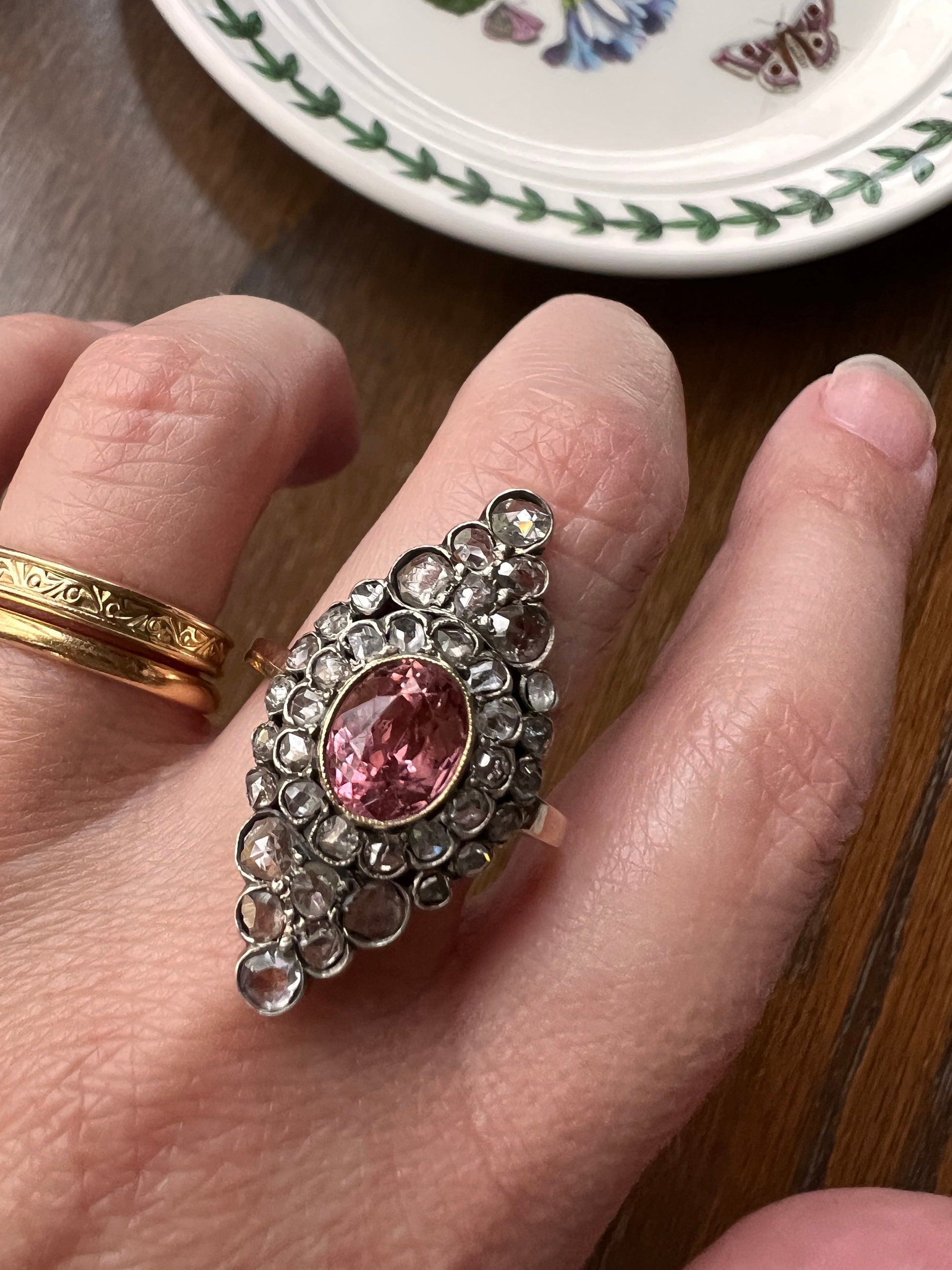 Pink TOURMALINE 2 Carats Rose Cut DIAMONDS XL Antique Navette Ring 14k Gold Platinum Tiered Halo Cluster Gift Belle Epoque Cobblestone c1900