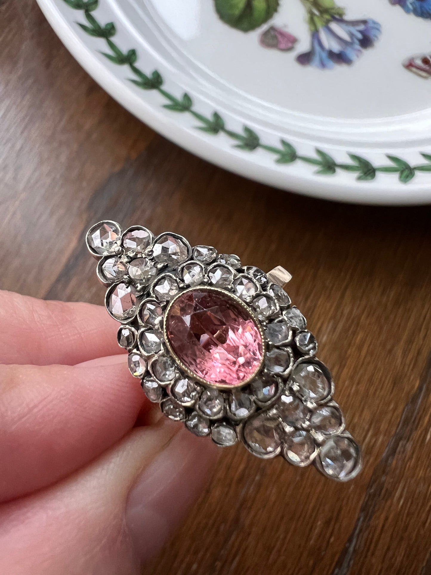 Pink TOURMALINE 2 Carats Rose Cut DIAMONDS XL Antique Navette Ring 14k Gold Platinum Tiered Halo Cluster Gift Belle Epoque Cobblestone c1900