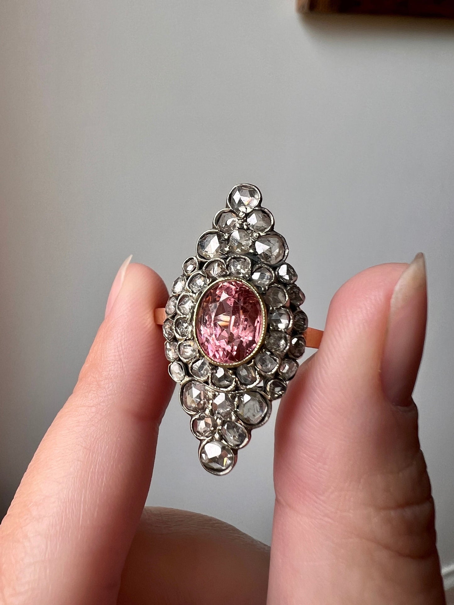 Pink TOURMALINE 2 Carats Rose Cut DIAMONDS XL Antique Navette Ring 14k Gold Platinum Tiered Halo Cluster Gift Belle Epoque Cobblestone c1900