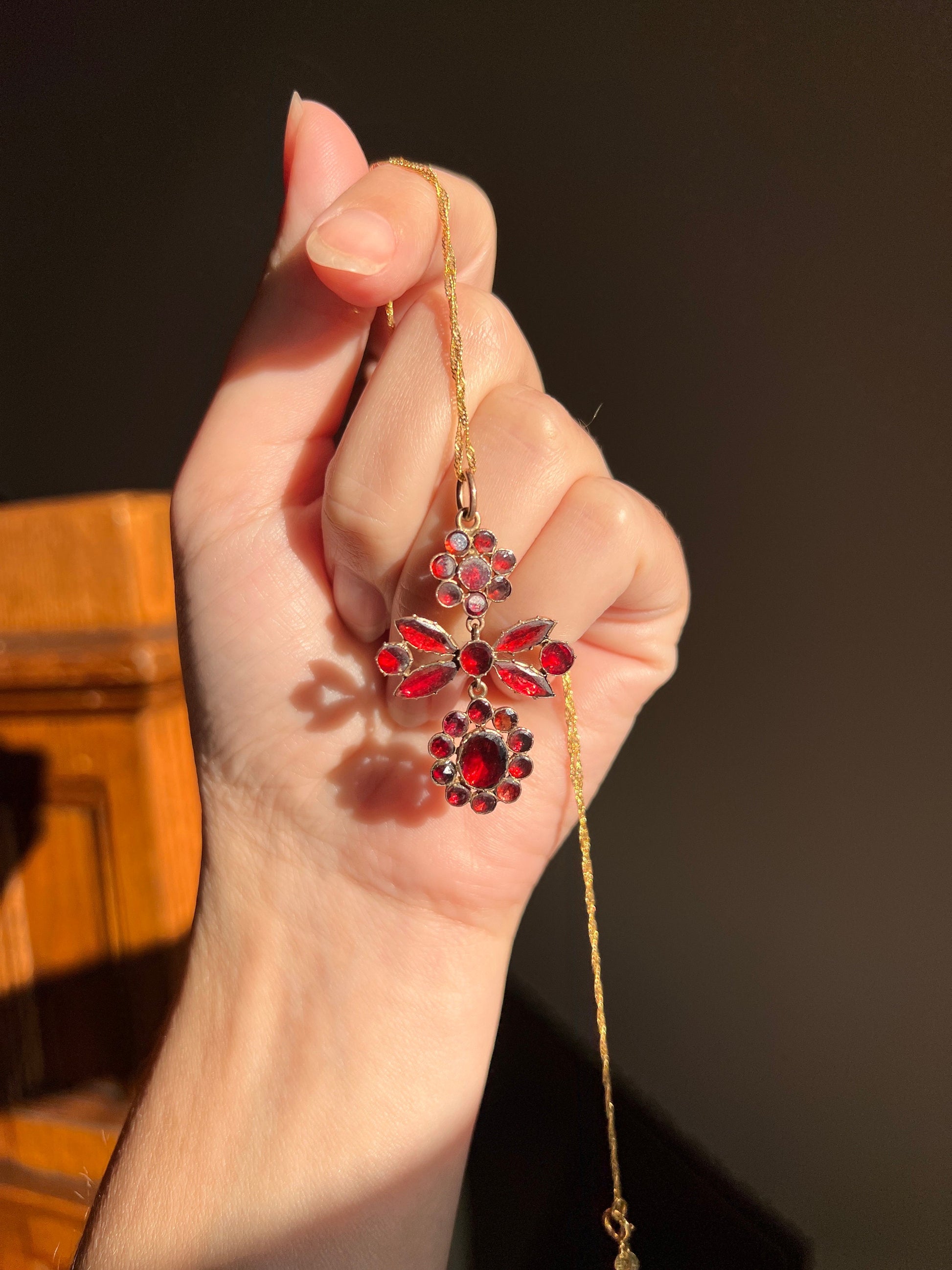 FLORAL Georgian Era Foiled Flat Cut GARNET Pendant 9k Rose Gold on 14k Later Yellow Gold Chain Glowing Red Necklace Romantic Gift Victorian