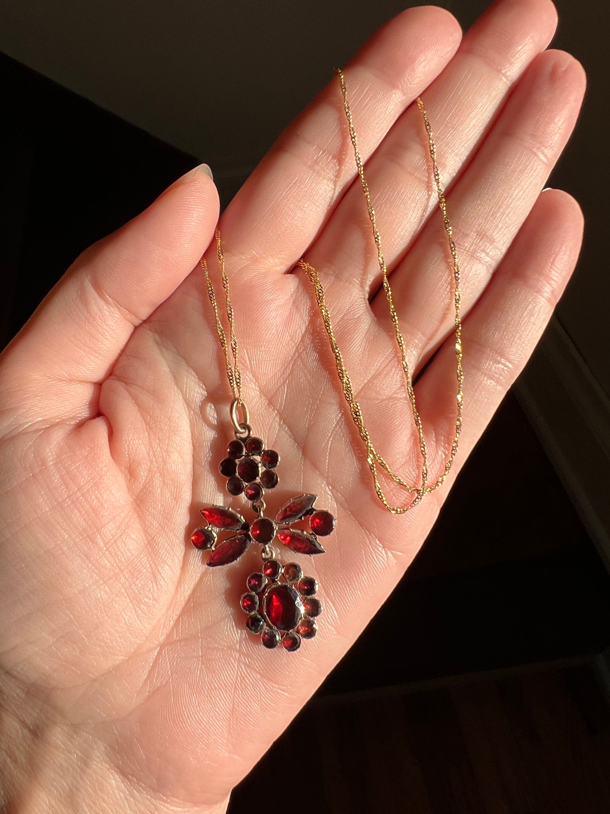 FLORAL Georgian Era Foiled Flat Cut GARNET Pendant 9k Rose Gold on 14k Later Yellow Gold Chain Glowing Red Necklace Romantic Gift Victorian