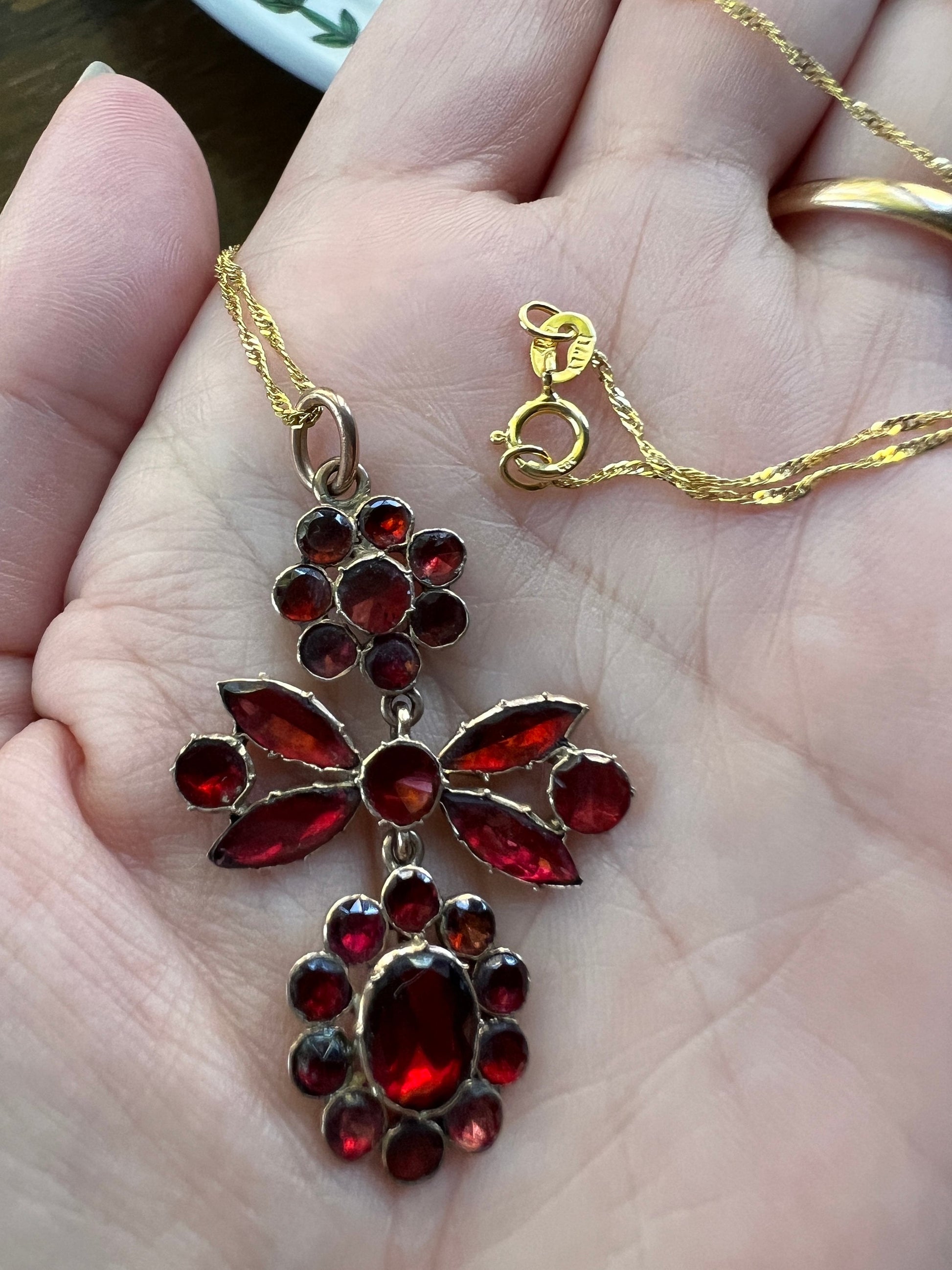 FLORAL Georgian Era Foiled Flat Cut GARNET Pendant 9k Rose Gold on 14k Later Yellow Gold Chain Glowing Red Necklace Romantic Gift Victorian