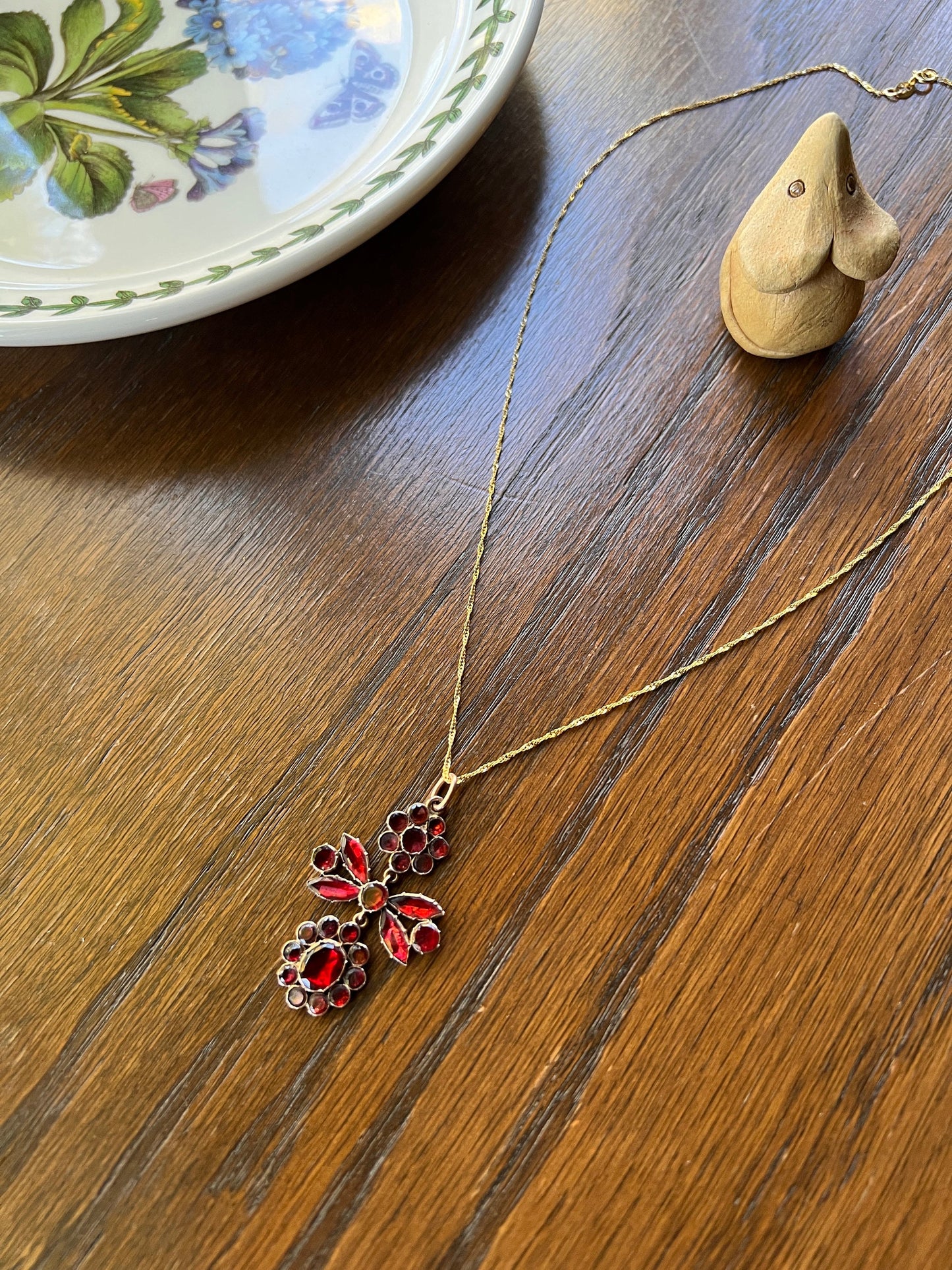 FLORAL Georgian Era Foiled Flat Cut GARNET Pendant 9k Rose Gold on 14k Later Yellow Gold Chain Glowing Red Necklace Romantic Gift Victorian