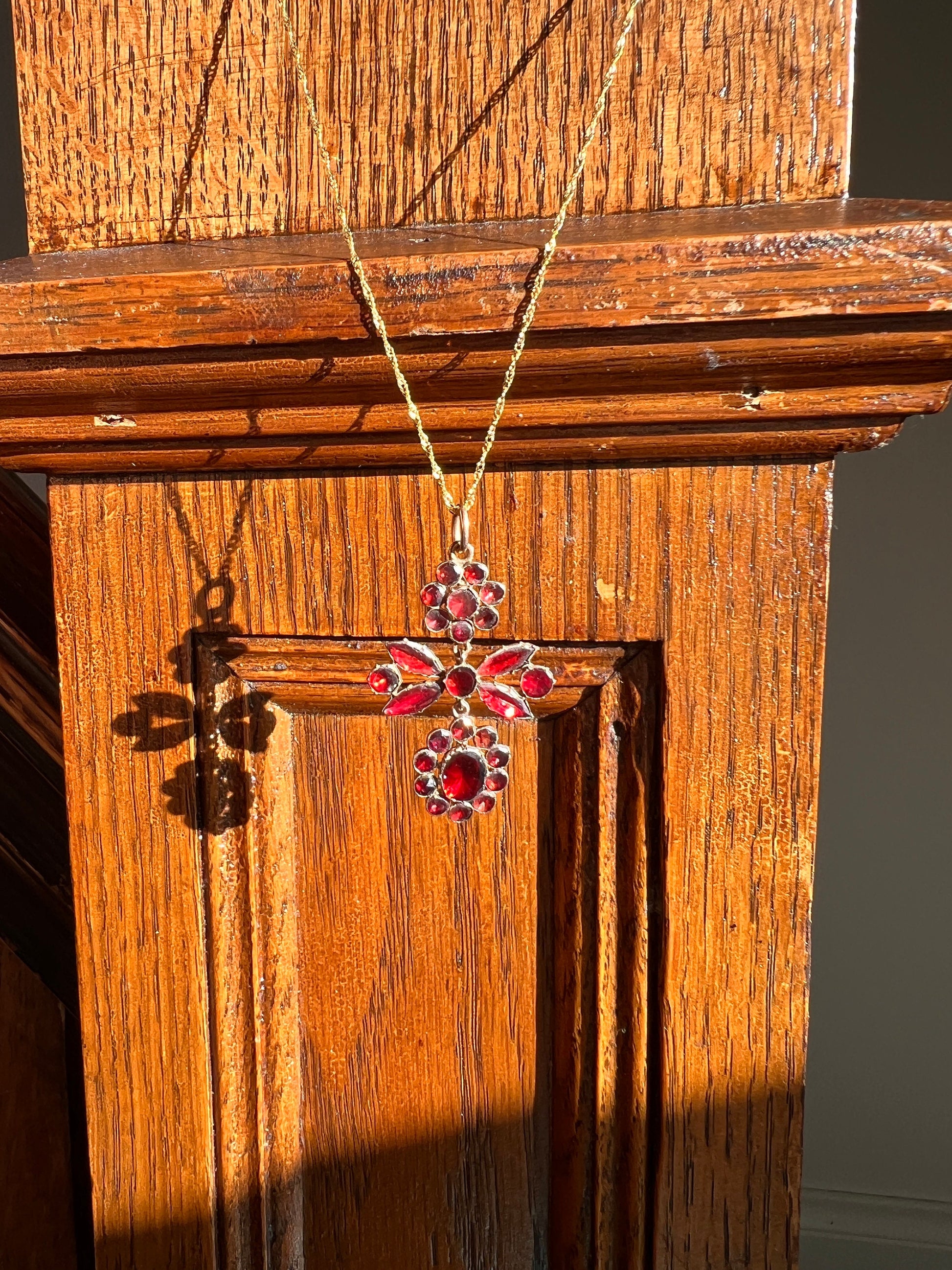 FLORAL Georgian Era Foiled Flat Cut GARNET Pendant 9k Rose Gold on 14k Later Yellow Gold Chain Glowing Red Necklace Romantic Gift Victorian