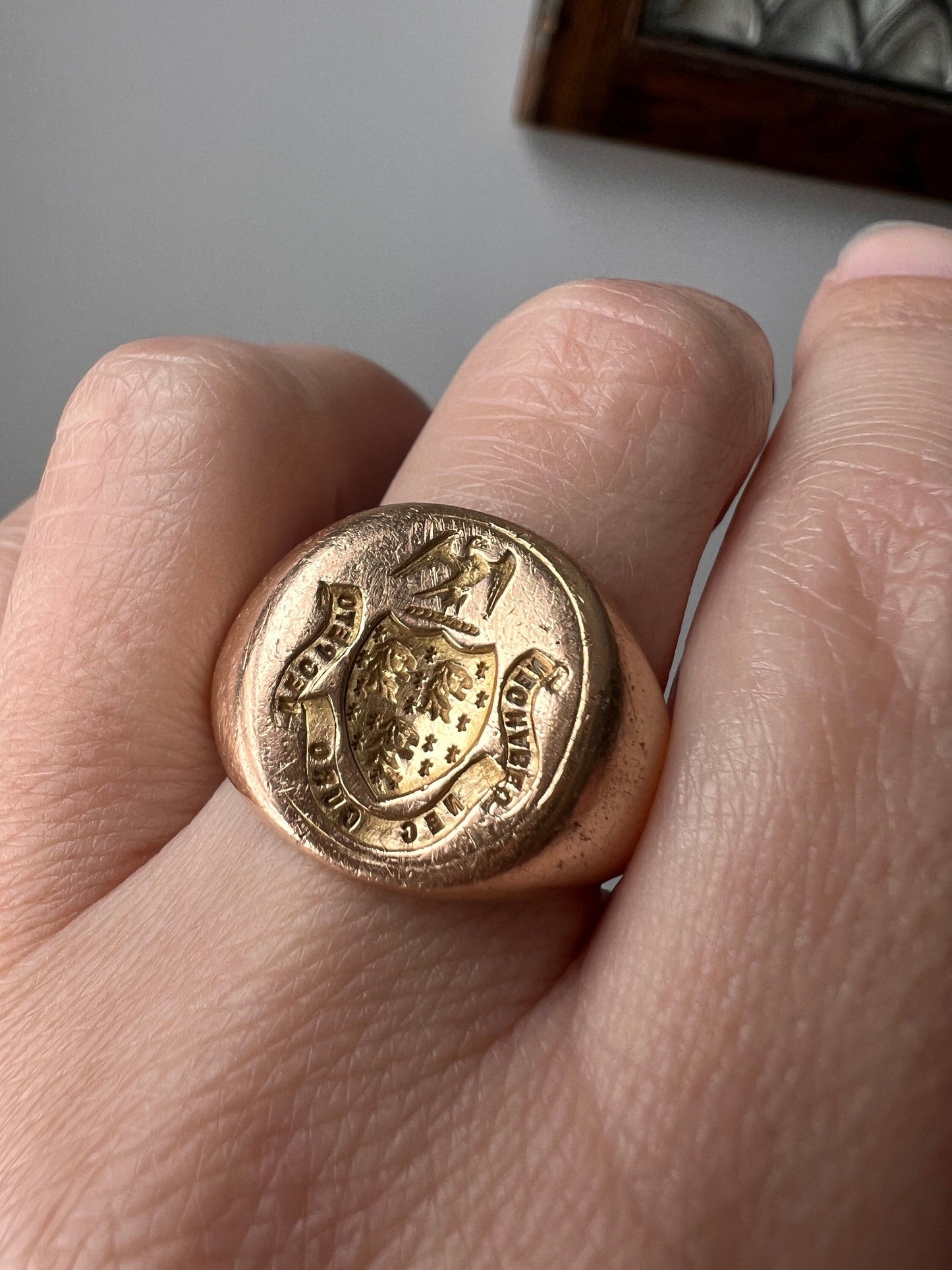 The " I DON'T CARE " Signet Ring French Antique HEAVY 19g 18k Gold Solid Shield Eagle Lion Fleur De Lis Chunky Unisex Man Have Not Lack Not