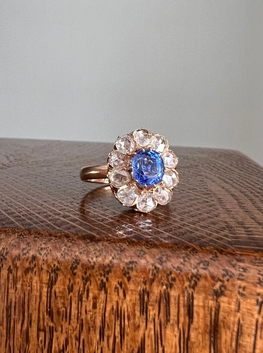 Natural Cornflower SAPPHIRE 1 Carat 10 Rose Cut Diamond Halo Ring 18k Gold Engraved Dated Wedding Band Antique Big Cluster Face Blue Chunky