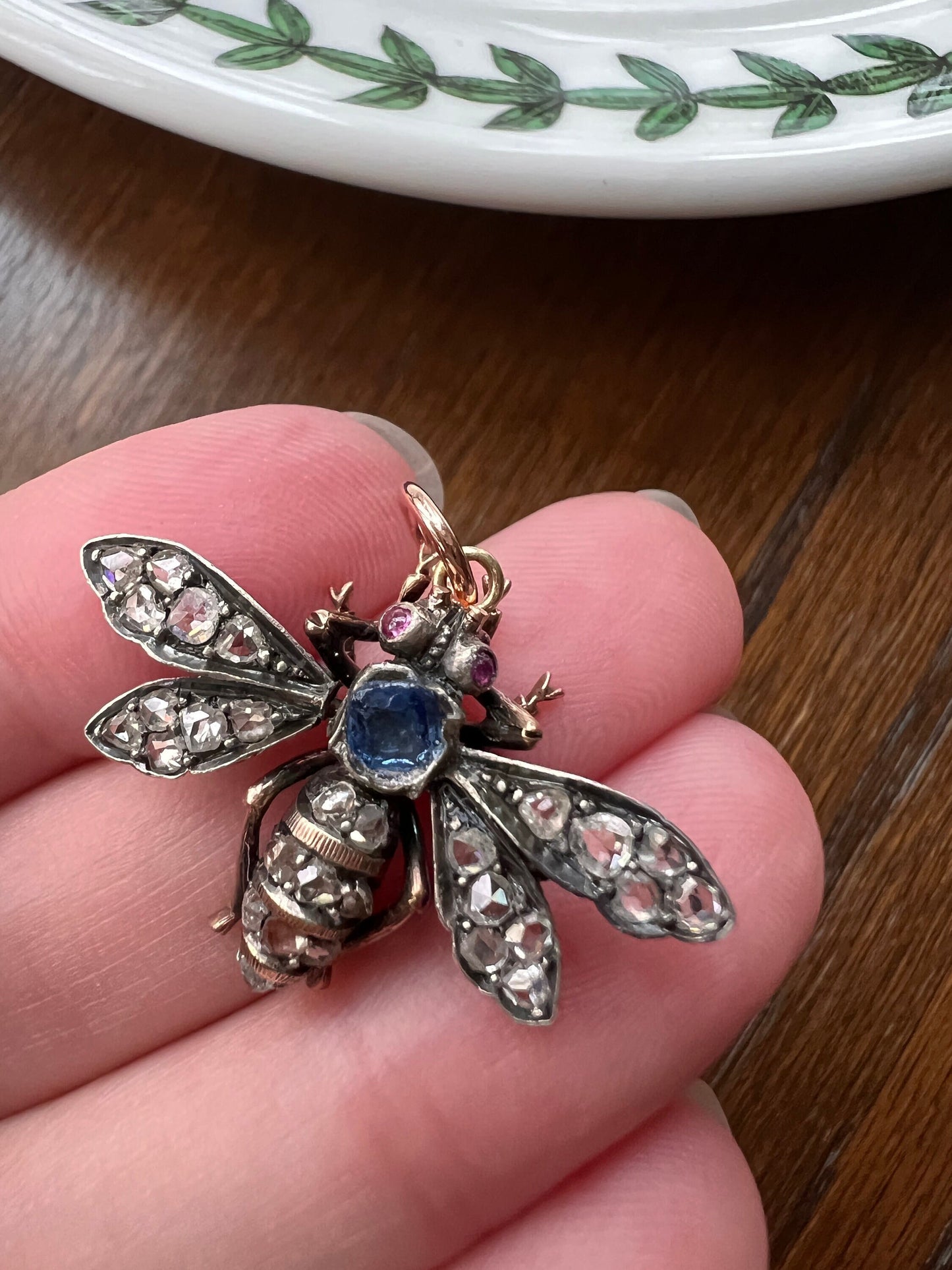 BUG Fly BEE French Antique Victorian Figural Pendant 1 Carat Rose Cut DIAMOND Ruby Sapphire 18k Gold Silver Figural Critter Unique Gift Blue