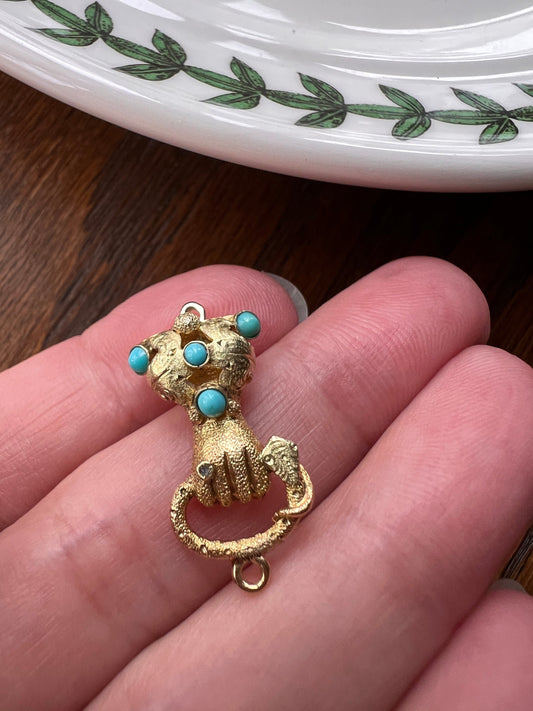 HAND Holding SNAKE Gemset CLASP Victorian Pendant 14k Gold Figural Floral Cuff Wearing Diamond Ring Turquoise Bead Romantic Gift 3D Detail