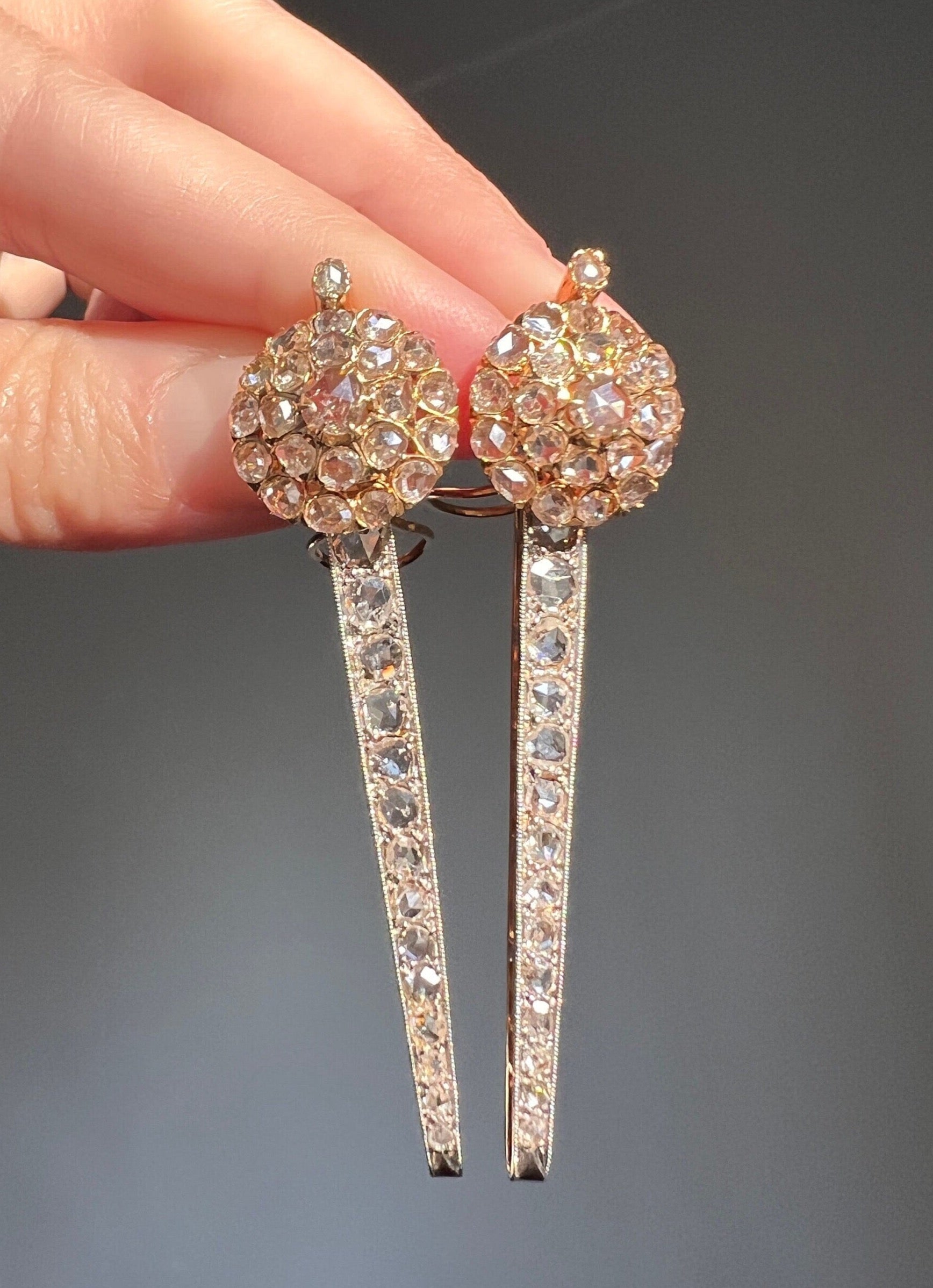 SPIKE French Antique 4 Carats 74 Rose DIAMOND Cluster Dangle Earrings 18k Gold 2.4" LONG Drop Bridal Something Old Rare Romantic Gift 4Ctw