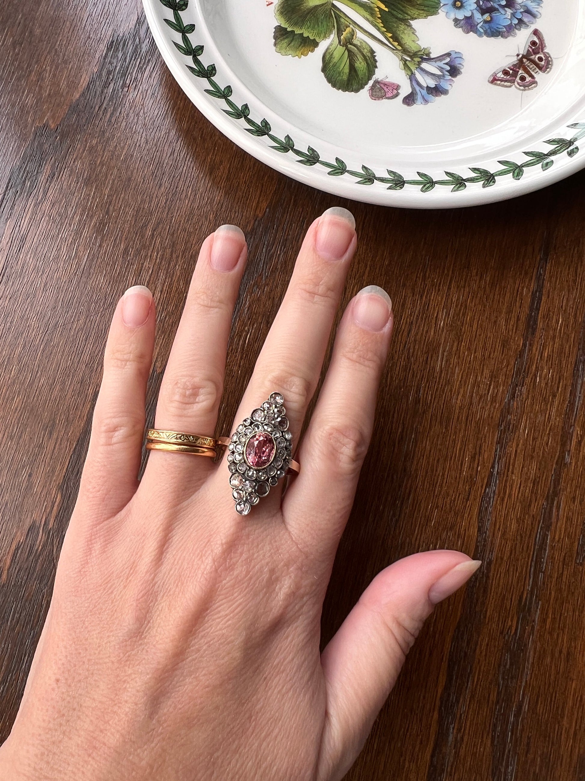 Pink TOURMALINE 2 Carats Rose Cut DIAMONDS XL Antique Navette Ring 14k Gold Platinum Tiered Halo Cluster Gift Belle Epoque Cobblestone c1900