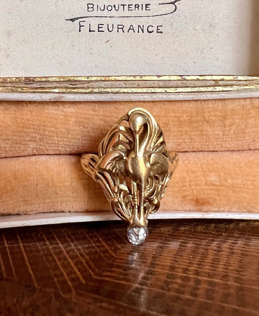 SWAN French ANTIQUE Special Art Nouveau Old Mine Cut DIAMOND 18k Gold Platinum Ring Loyalty Strength Figural Animal Romantic Gift Lifelike