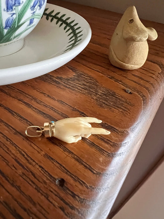 XL ANTIQUE 14k Gold Carved White Mano Cornuto Figa Hand Pendant Turquoise Bangle Figural Rock On Symbol Fist Amulet Gift Neckmess Victorian