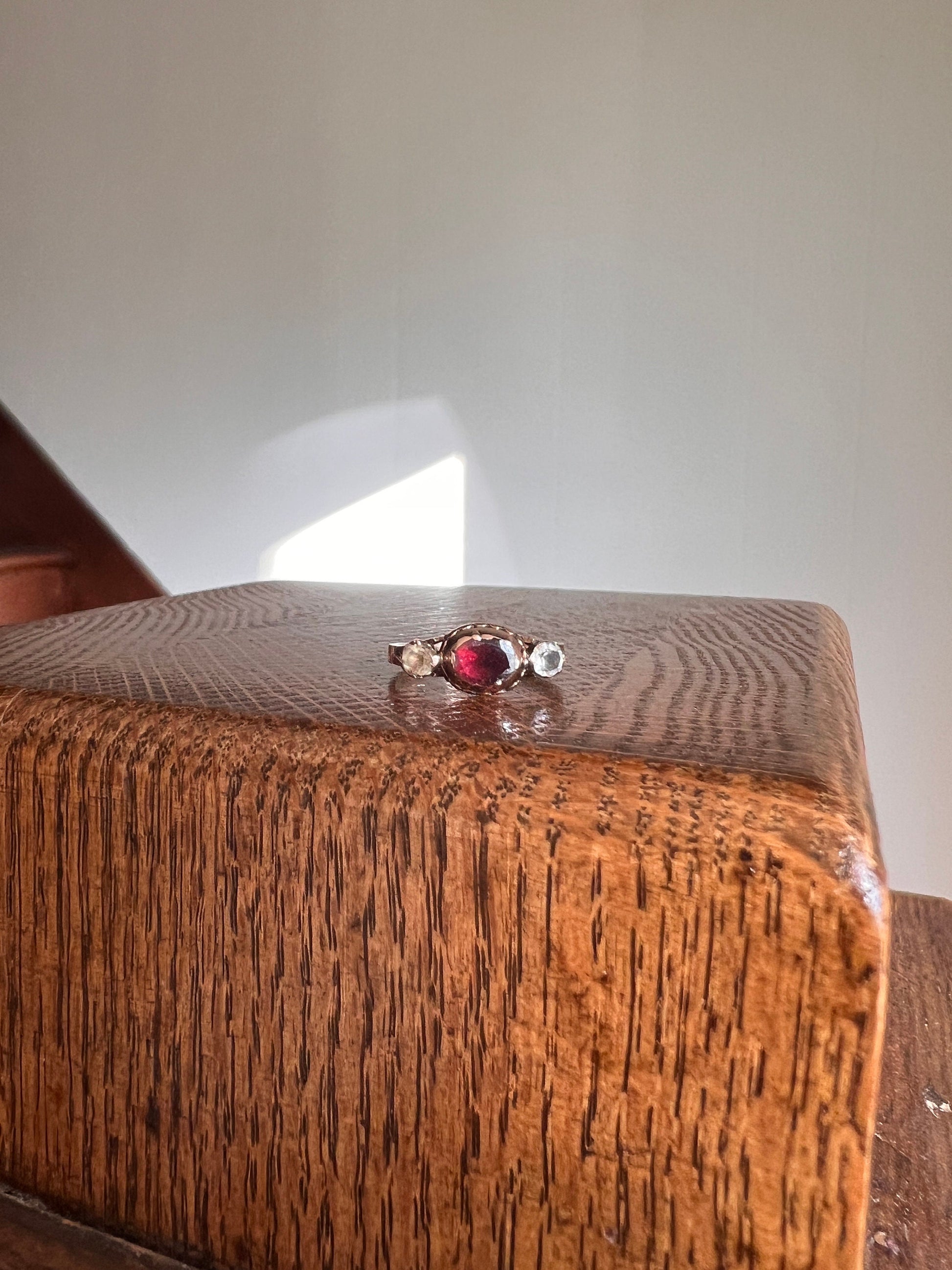 GEORGIAN Flat Cut Garnet Quartz Rock Crystal Three Stone Ring 18k Gold Scrolled Shoulders Closed Back Band Stacker Crimson Red Romantic Gift