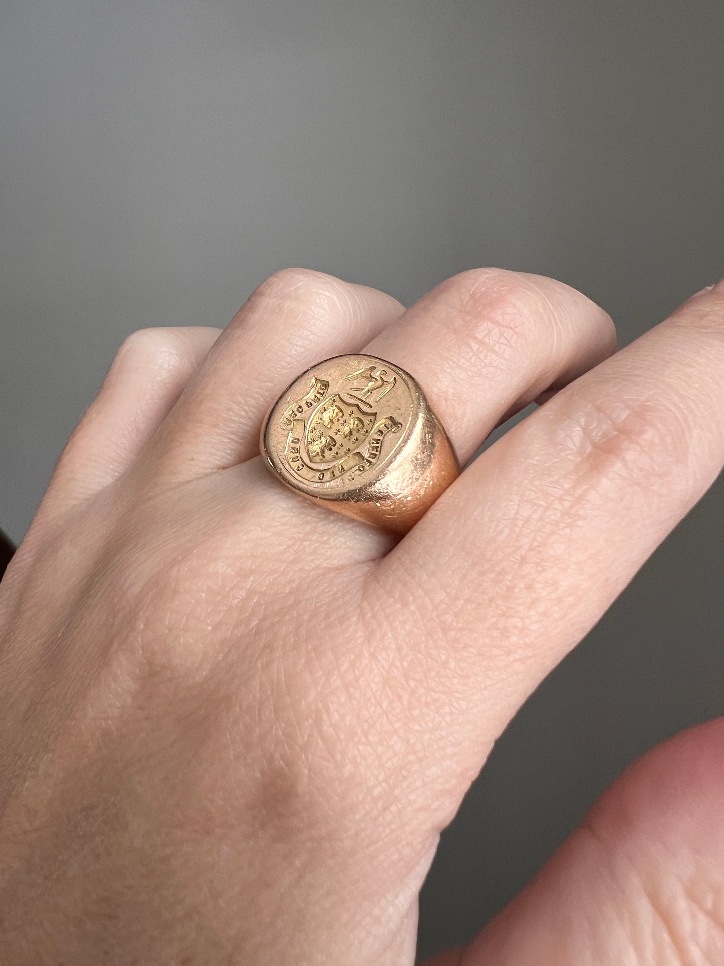 The " I DON'T CARE " Signet Ring French Antique HEAVY 19g 18k Gold Solid Shield Eagle Lion Fleur De Lis Chunky Unisex Man Have Not Lack Not