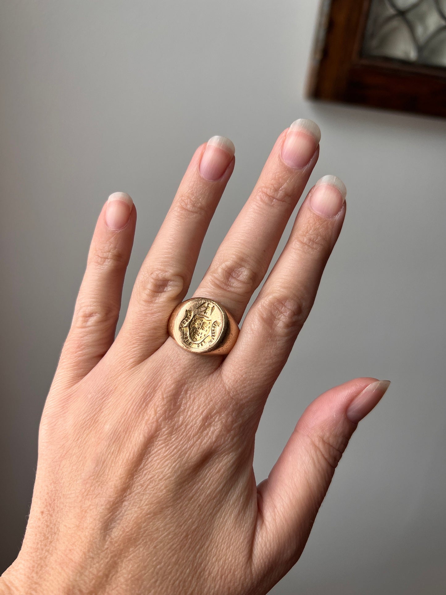 The " I DON'T CARE " Signet Ring French Antique HEAVY 19g 18k Gold Solid Shield Eagle Lion Fleur De Lis Chunky Unisex Man Have Not Lack Not