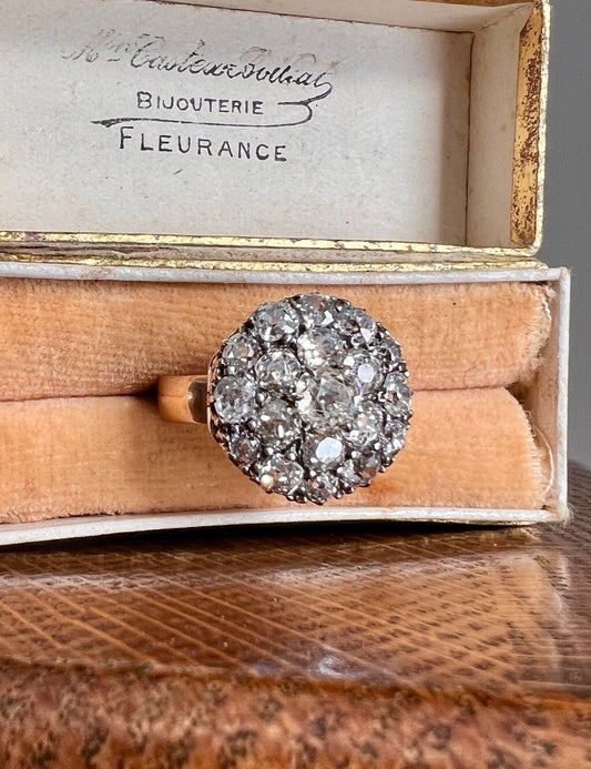 XL Fabulous ANTIQUE 2.75 Carat 19 Old Mine Cut DIAMOND Daisy Cluster Ring 14k Gold French Belle Epoque Romantic Gift OmC Victorian Oval 2/3"