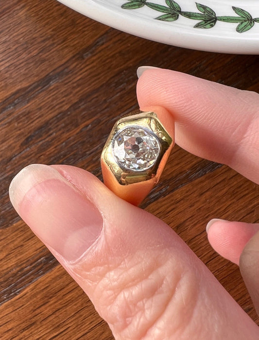 HEXAGON Chunky 1 Carat Old Mine Cut GYPSY Ring Faceted Wide Band French Antique Heavy 10g 18k Gold Stacker Romantic Gift Unique Rare Love