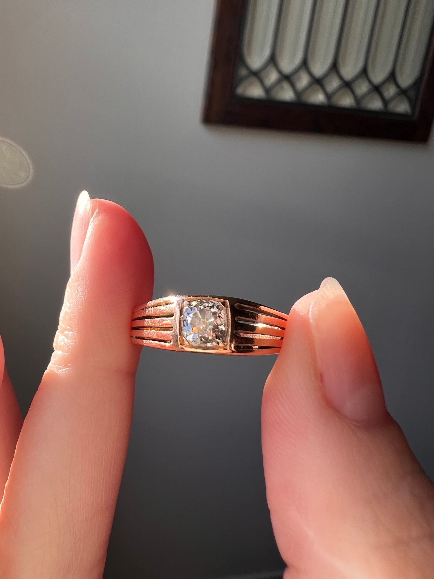 French Antique .45 Carat Old Mine Cut Diamond Gypsy Ring 18k GOLD Linear Domed Band Solitaire Stacker Art Deco Romantic Gift Unisex Man Lady