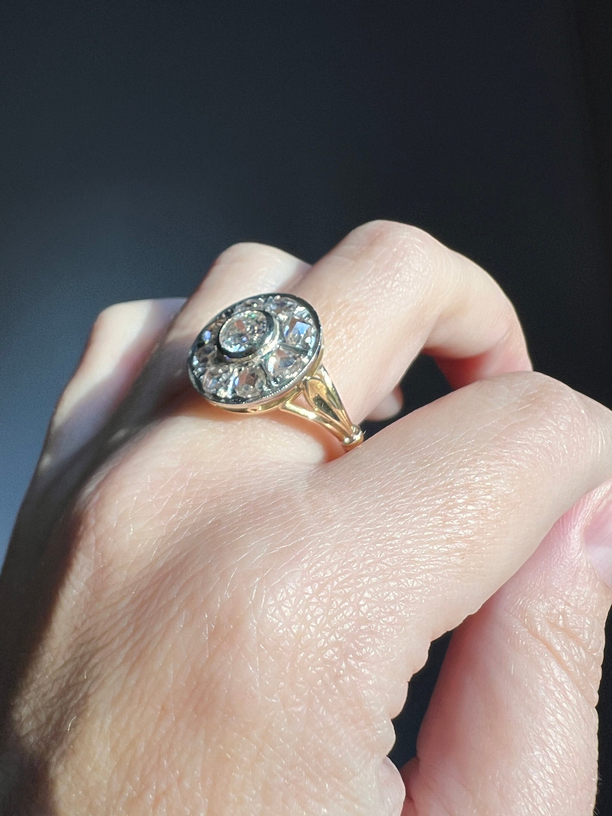 Edwardian HALO 1.5 Carat Bullseye Ring French Antique Rose Old European Cut DiAMOND Cluster Ring 18k GOLD Platinum Target Gift Belle Epoque