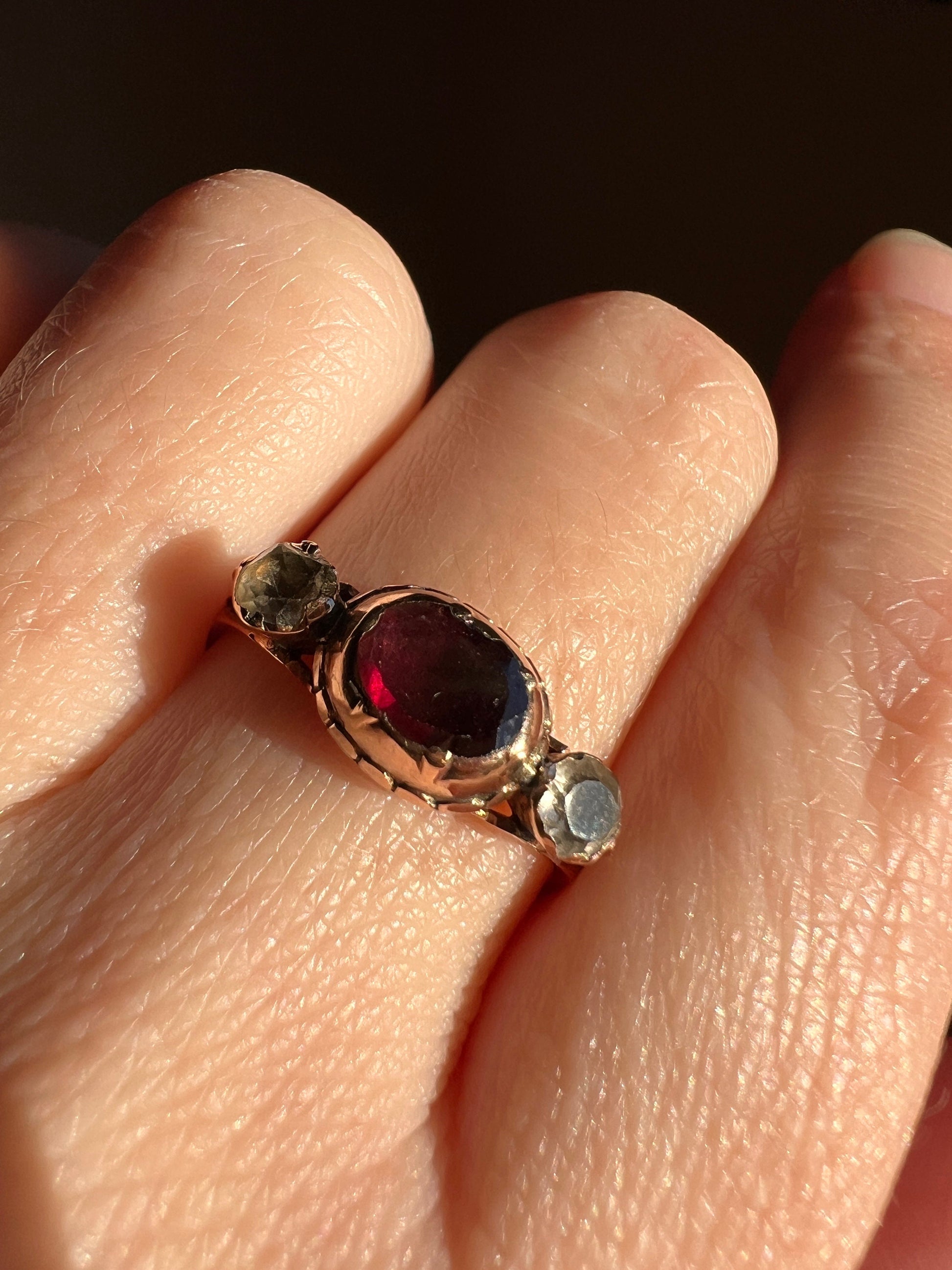 GEORGIAN Flat Cut Garnet Quartz Rock Crystal Three Stone Ring 18k Gold Scrolled Shoulders Closed Back Band Stacker Crimson Red Romantic Gift