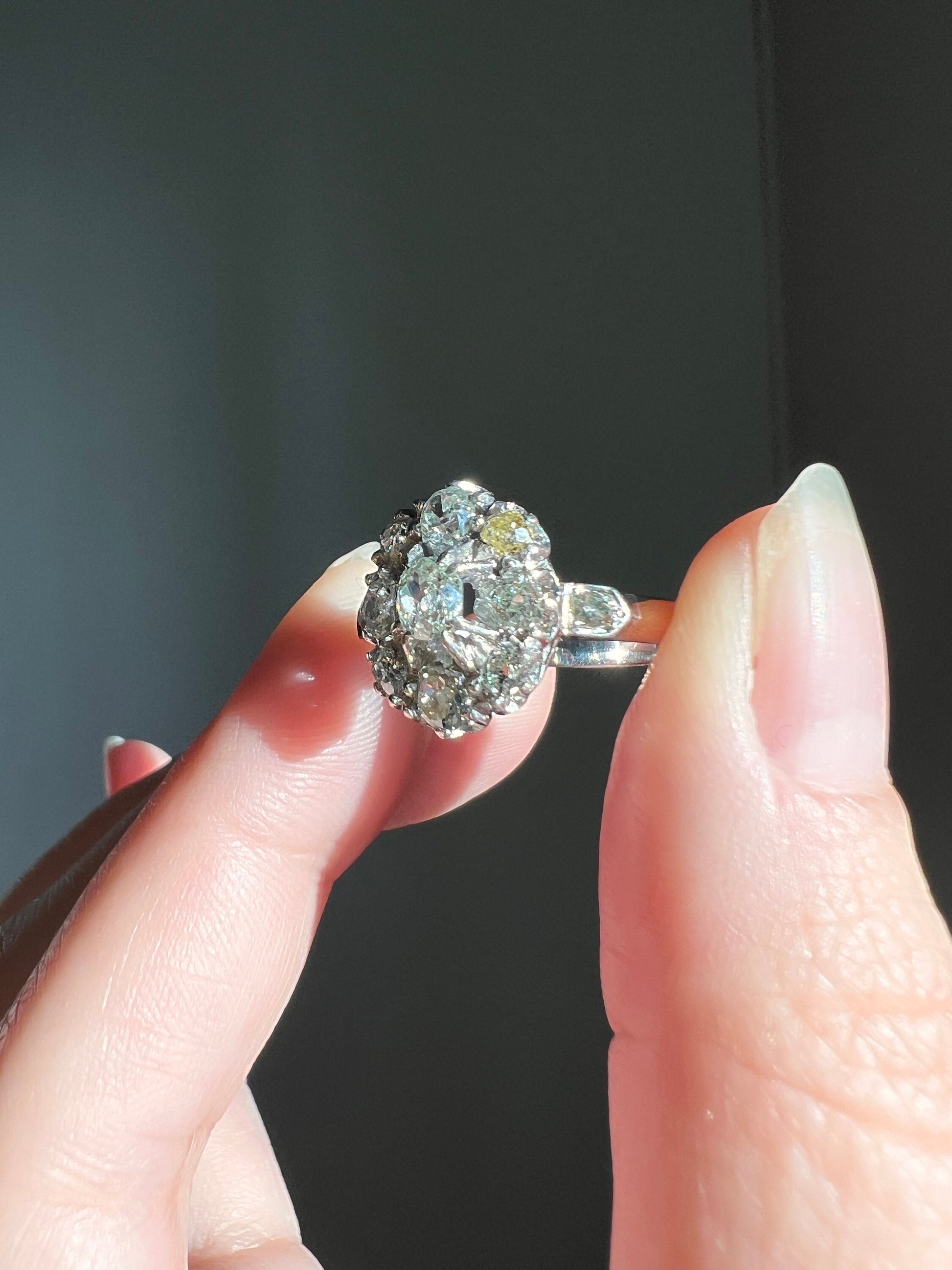 BLUE Diamonds and YELLOW One of a Kind 1 Carat Old Mine Cut Cluster Ring French ANTIQUE Rhodium 18k Yellow Gold Victorian Gift OmC Ooak Rare