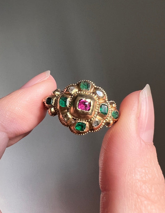 18th Century Iberian EMERALD Ruby Rose Cut DIAMOND Bow Cluster Ring French 14k Gold Collet Set Floral Cluster Antique Romantic Gift Green