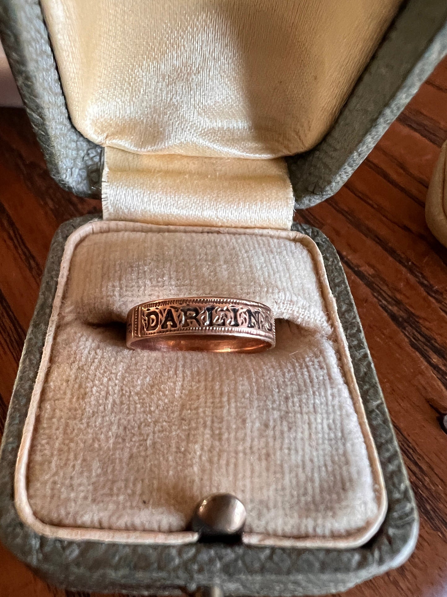 Antique " DARLING " Skinny Band VICTORIAN Ring 10k Rose Gold Enamel Cigar Band Stacker Romantic Gift Hard to Find Minimalist Pinky Midi Rare