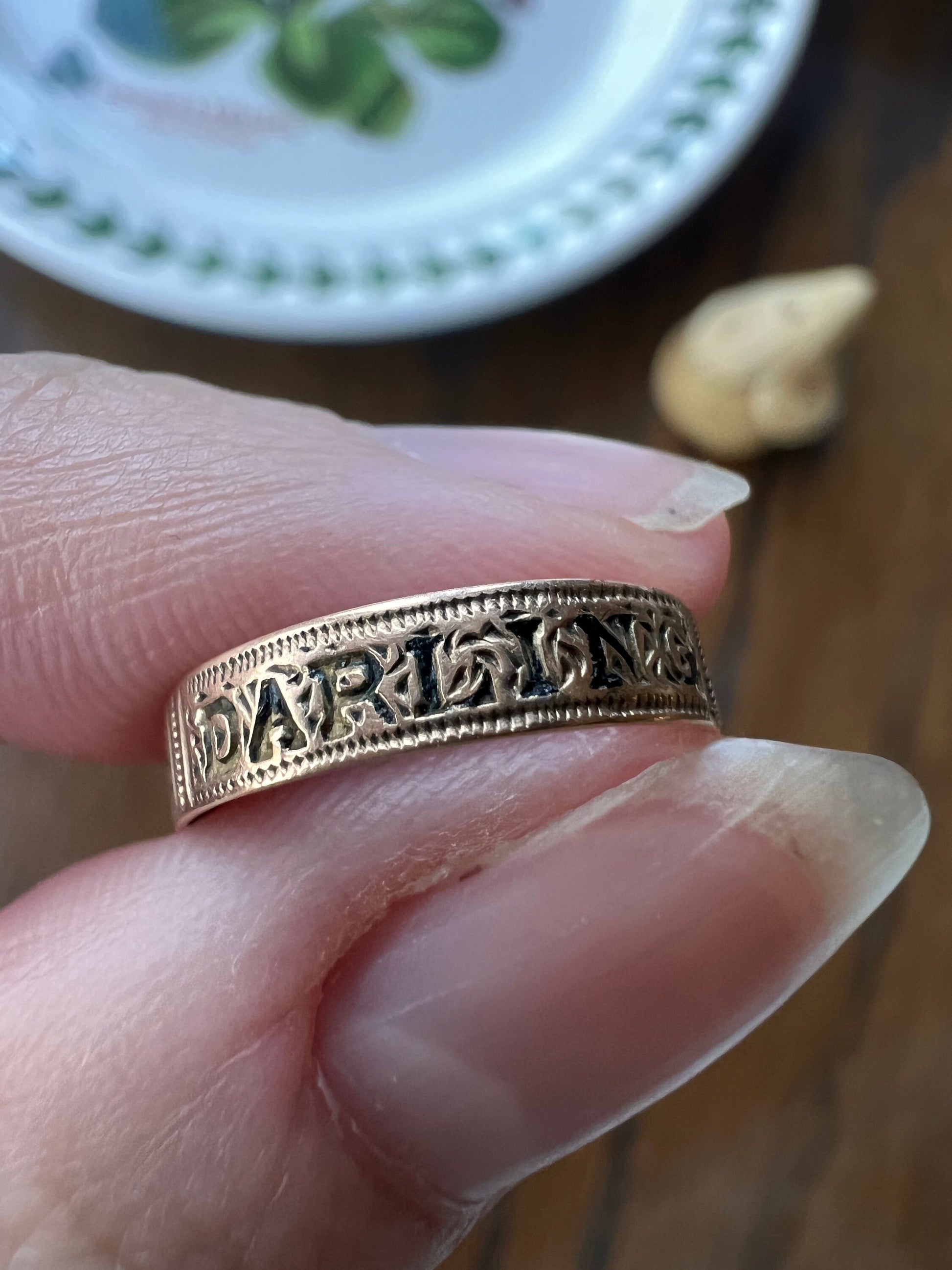 Antique " DARLING " Skinny Band VICTORIAN Ring 10k Rose Gold Enamel Cigar Band Stacker Romantic Gift Hard to Find Minimalist Pinky Midi Rare