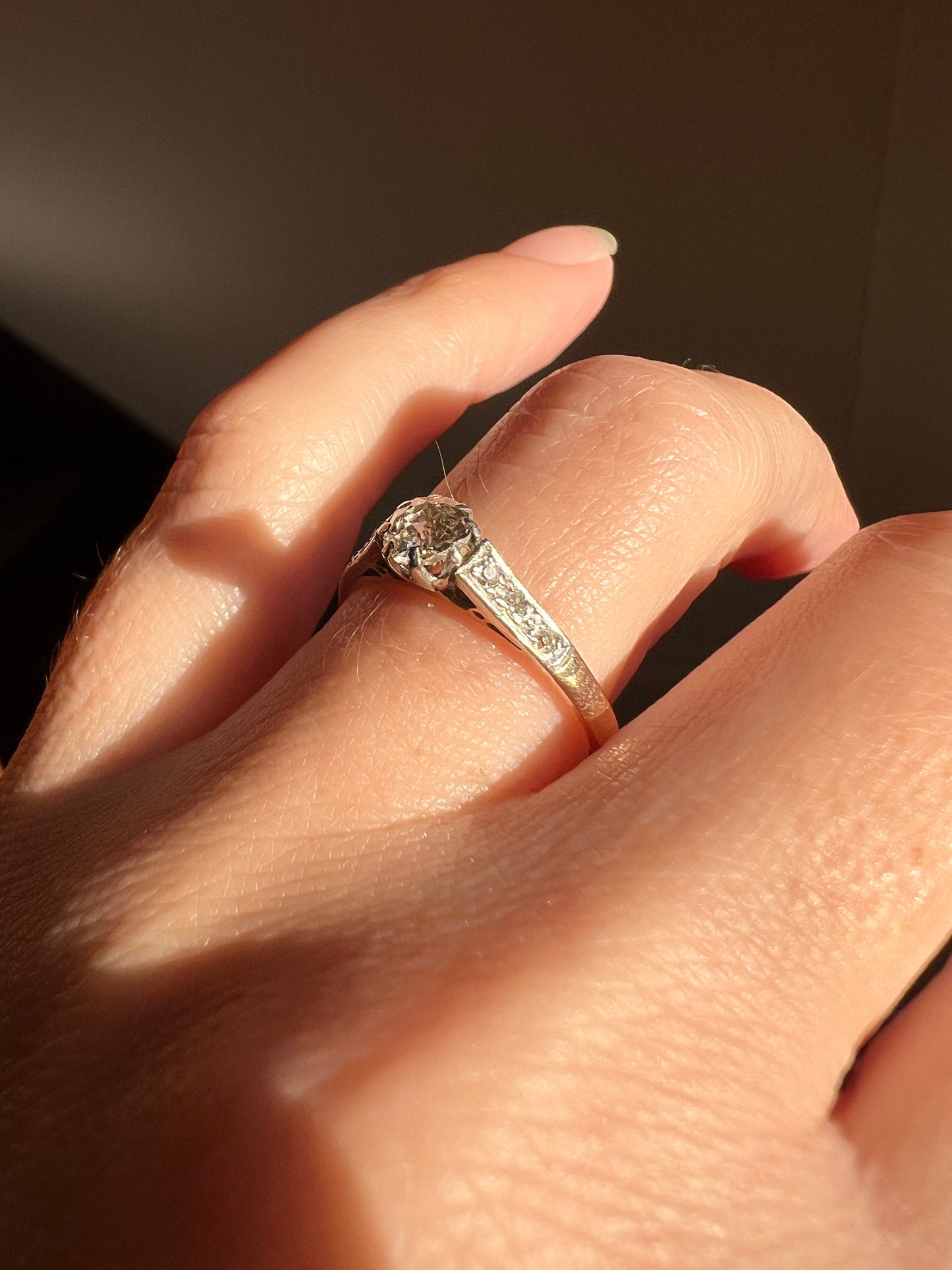 Antique 18k GOLD .3 Carat Old Mine Cut DiAMOND Ring Solitaire with Accents Edwardian Romantic Gift Engagement Stacker OmC Dainty Tall