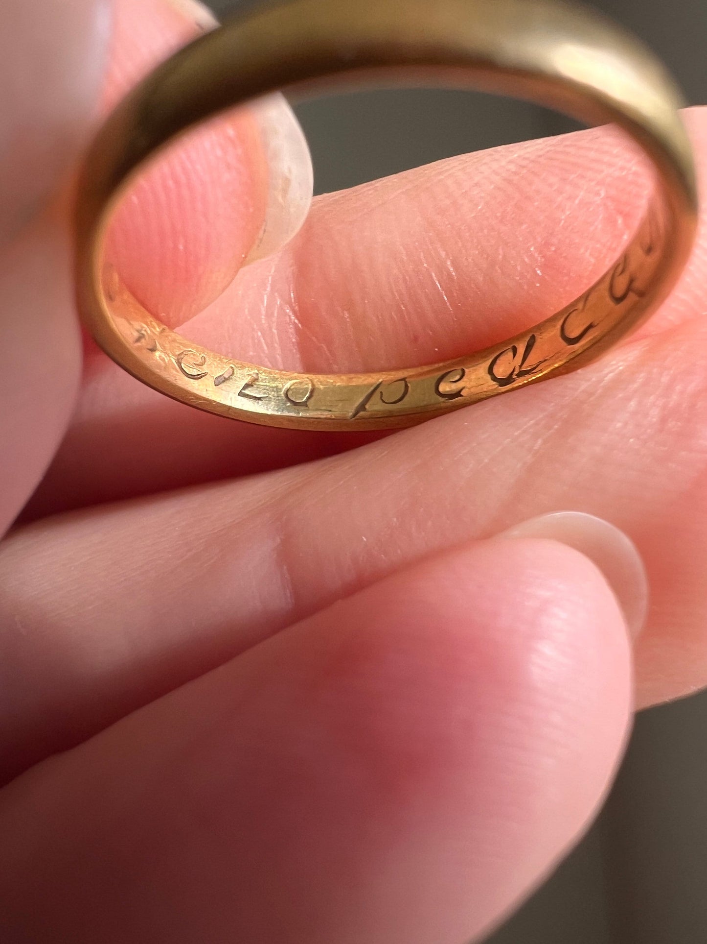 POSY Ring Antique "God Send Peace" & Plenty? 18k Gold Wedding Band Engraved Skinny Stacker Victorian Romantic Gift Buttery Glow Posy Poesy