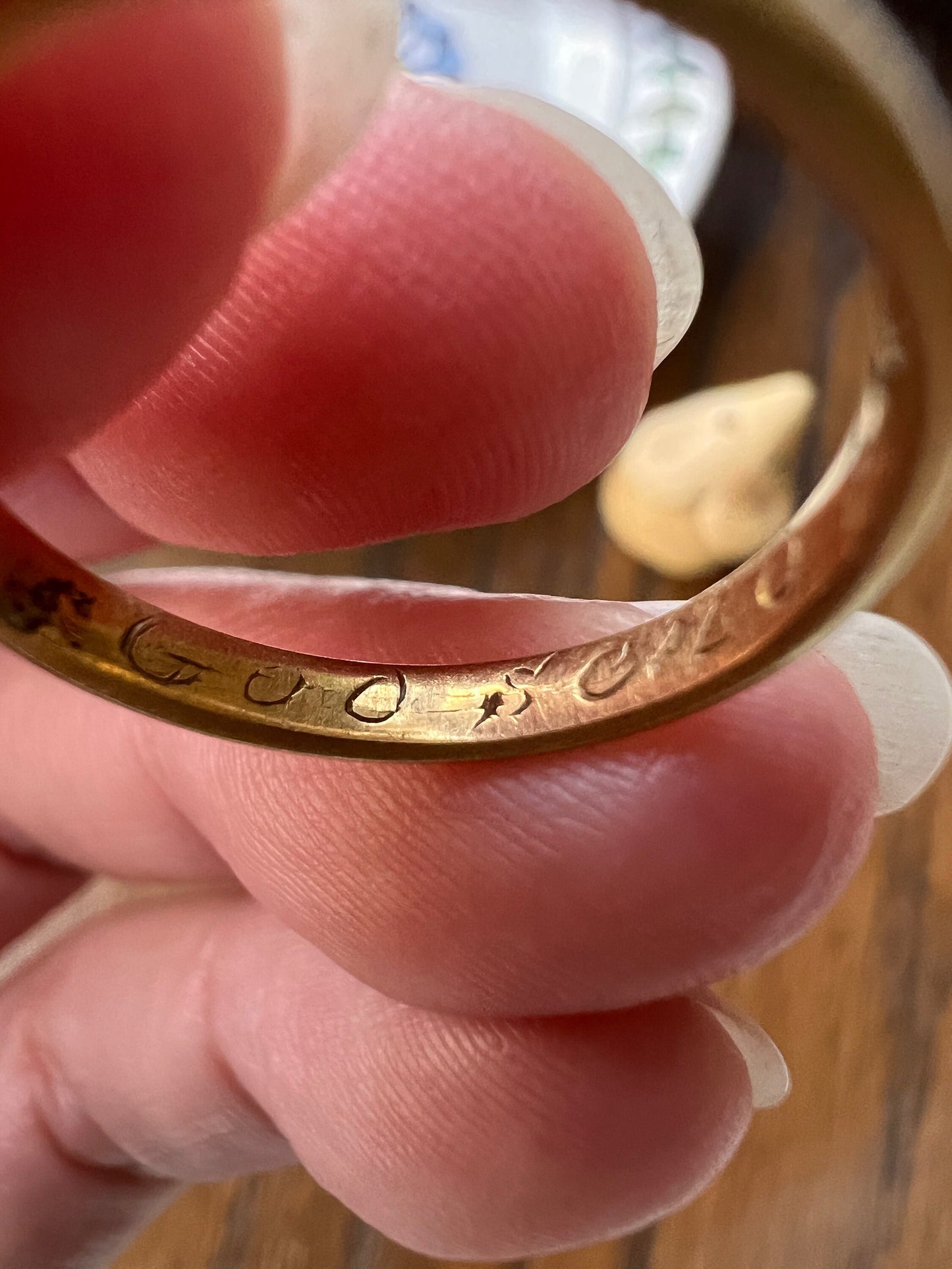 POSY Ring Antique "God Send Peace" & Plenty? 18k Gold Wedding Band Engraved Skinny Stacker Victorian Romantic Gift Buttery Glow Posy Poesy