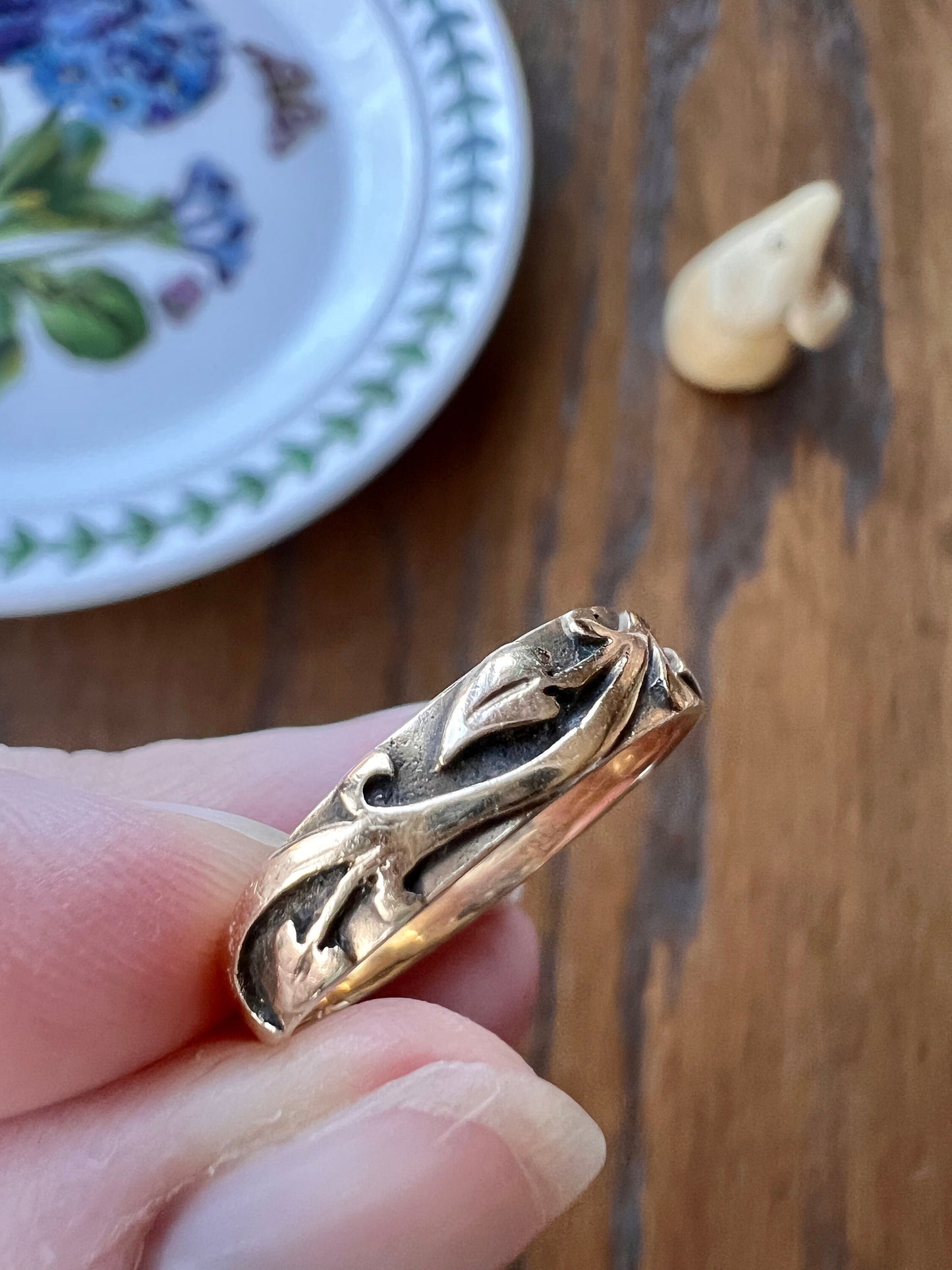 LEAVES Vine Deeply Engraved Figural Skinny Band Stacker Ring 14k Gold Romantic Gift Geometric Minimalist Leaf Tree Figural High Relief