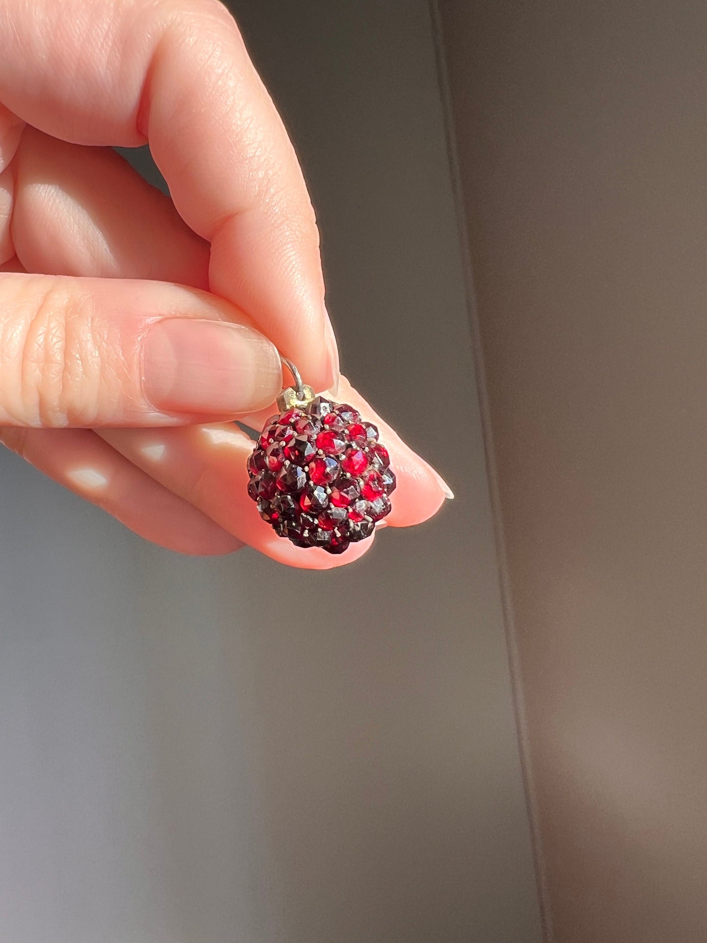 Victorian Antique Rose Cut BOHEMIAN Garnet Disco Ball 3D Sphere Pendant Glowing Crimson Red Silver Cluster Romantic Holiday Christmas Gift