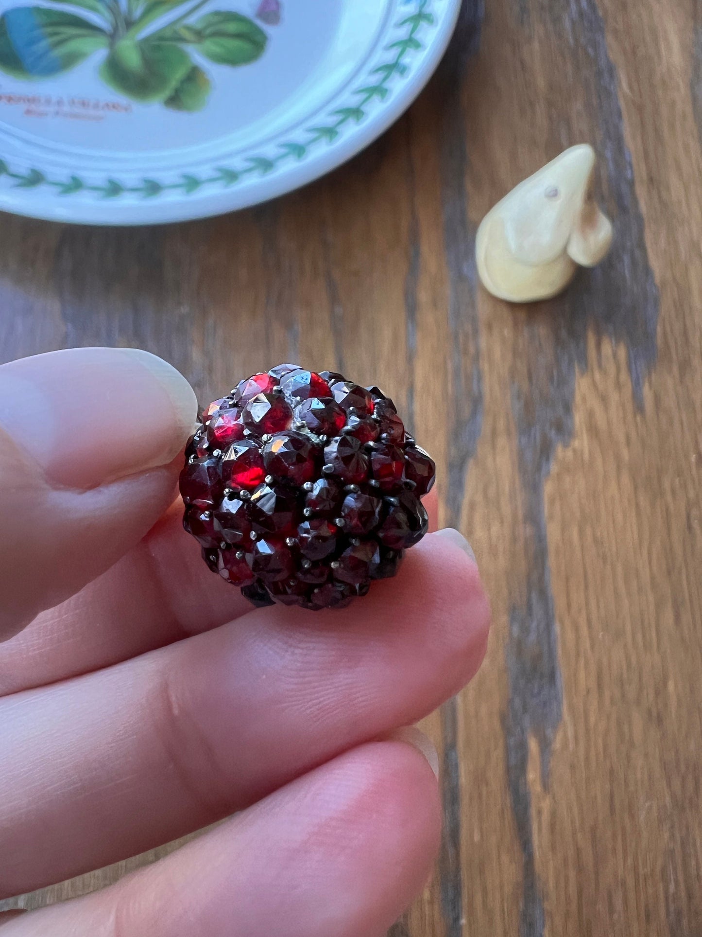 Victorian Antique Rose Cut BOHEMIAN Garnet Disco Ball 3D Sphere Pendant Glowing Crimson Red Silver Cluster Romantic Holiday Christmas Gift