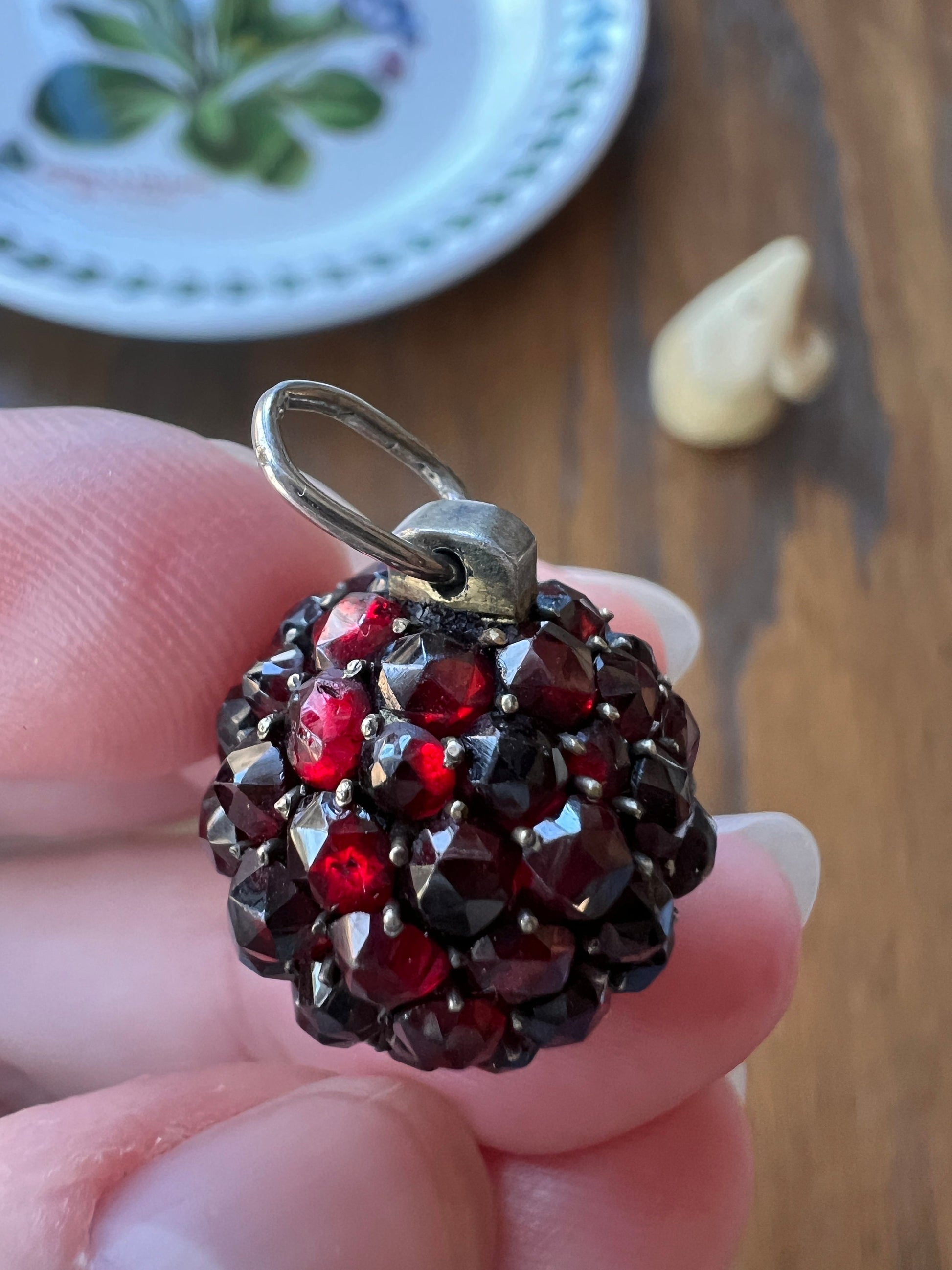 Victorian Antique Rose Cut BOHEMIAN Garnet Disco Ball 3D Sphere Pendant Glowing Crimson Red Silver Cluster Romantic Holiday Christmas Gift