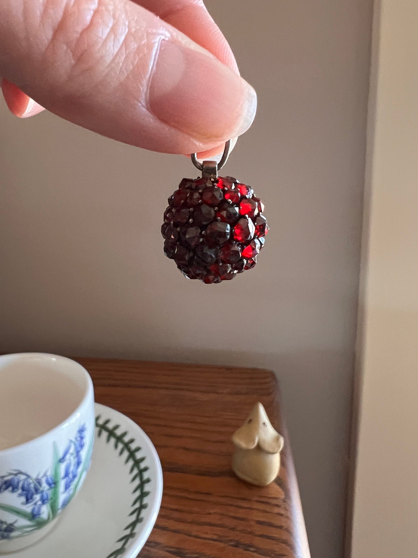 Victorian Antique Rose Cut BOHEMIAN Garnet Disco Ball 3D Sphere Pendant Glowing Crimson Red Silver Cluster Romantic Holiday Christmas Gift