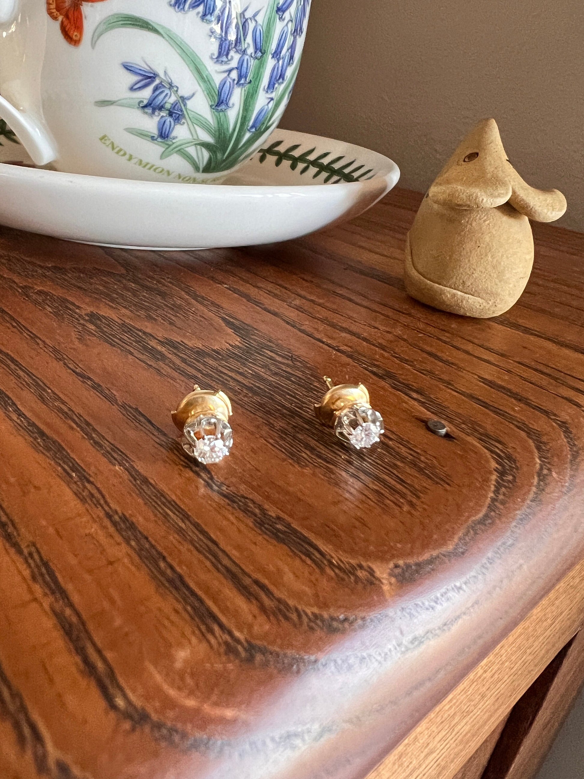 Vintage to Antique 18k GOLD .4 Ctw Transitional Cut DIAMOND Stud EARRINGs Romantic Gift Belle Epoque Bridal Something Old Sparkle Minimalist