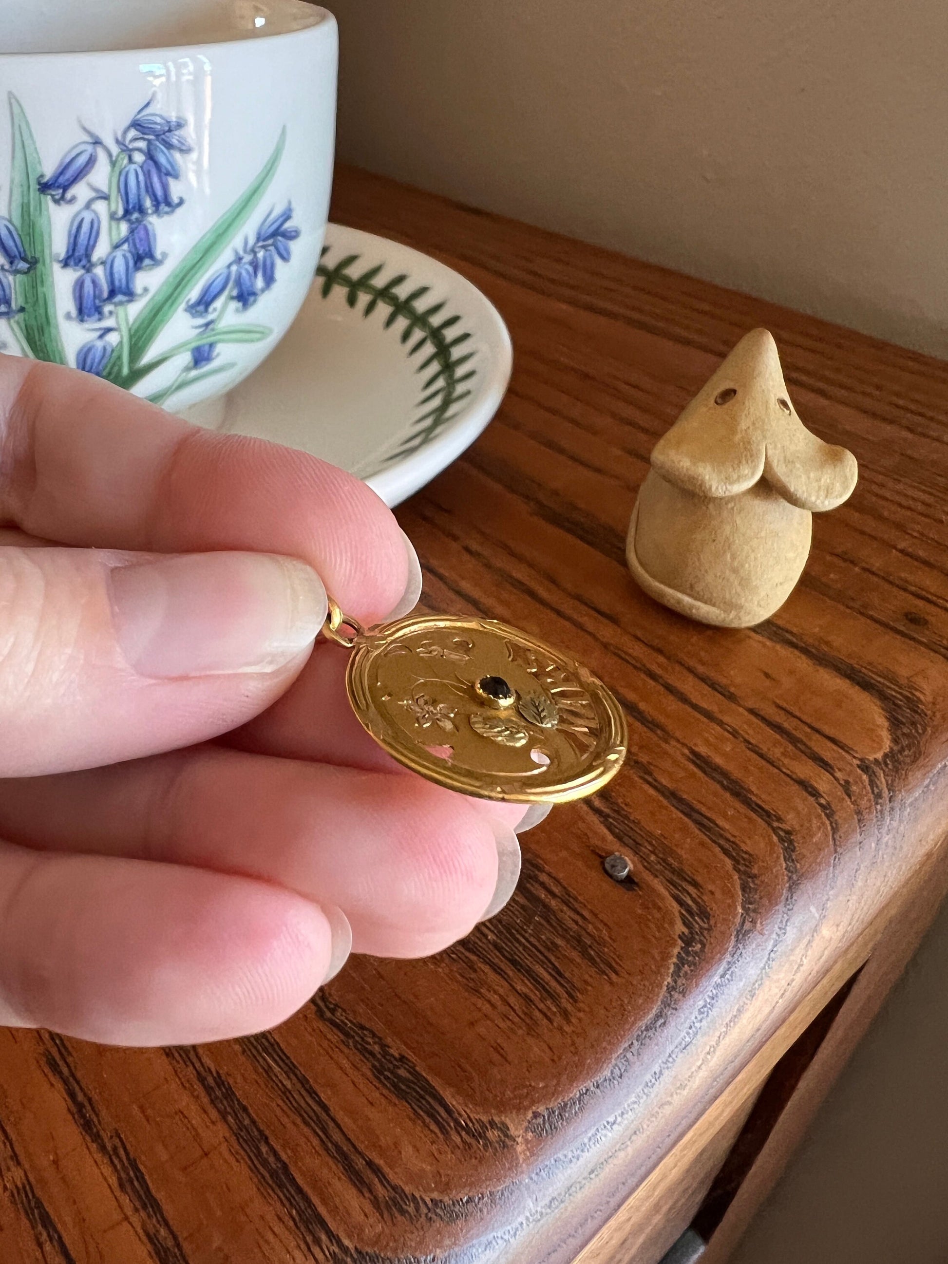 MARCH Floral VIOLET French Antique Birthday Month Mars 18k Gold Pendant Art Nouveau Belle Epoque Love Token Medal Amulet Medallion Gift