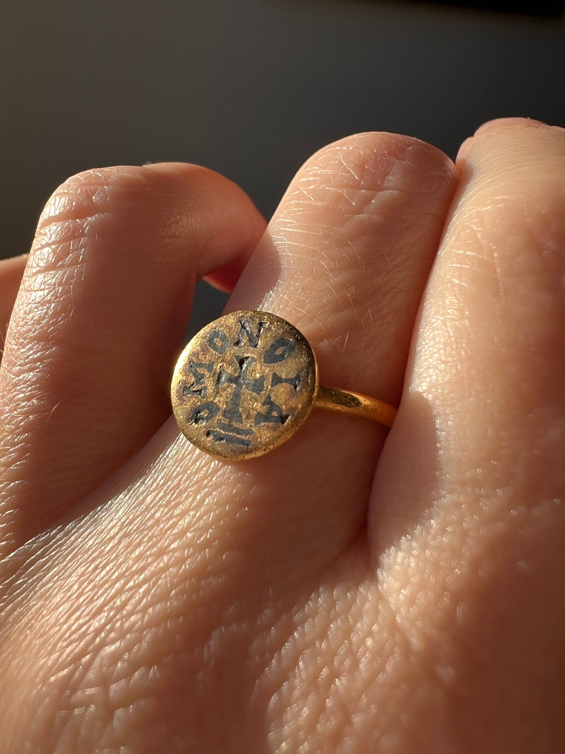 HARMONY Rare Ancient Roman "OMONOIA" Byzantine Wedding Ring 22k High Carat Gold Black Enamel Cross 7th-9th Century Donut Shank Romantic Gift